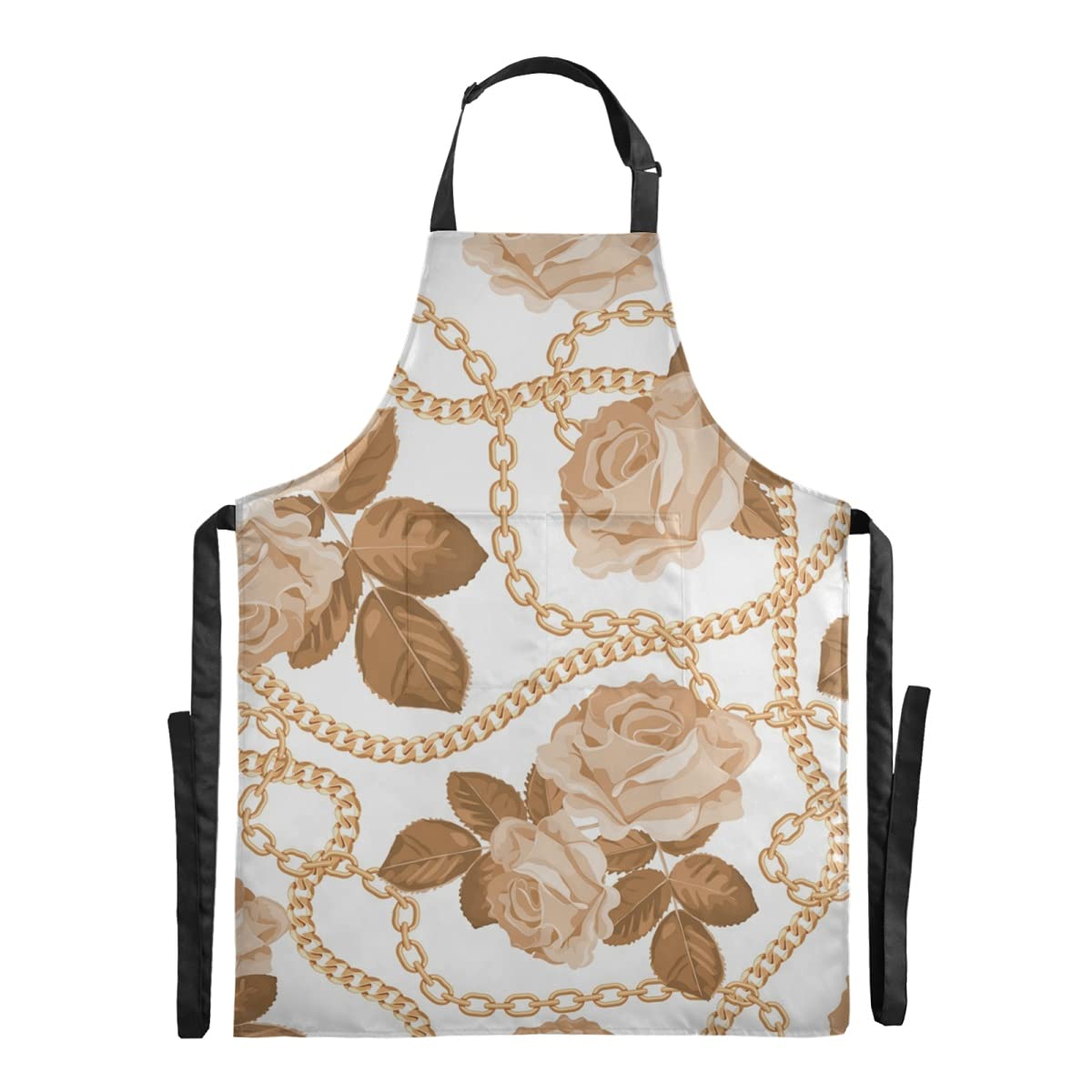 Golden Chains Beige Roses Bib Apron - Waterproof Adjustable Funny Apron for Nail Technicians, Barbers & Dishwashers - Large Pocket Kitchen Apron for Adults & Stepdads - Perfect for Salon, Barber Shop & Home Cooking