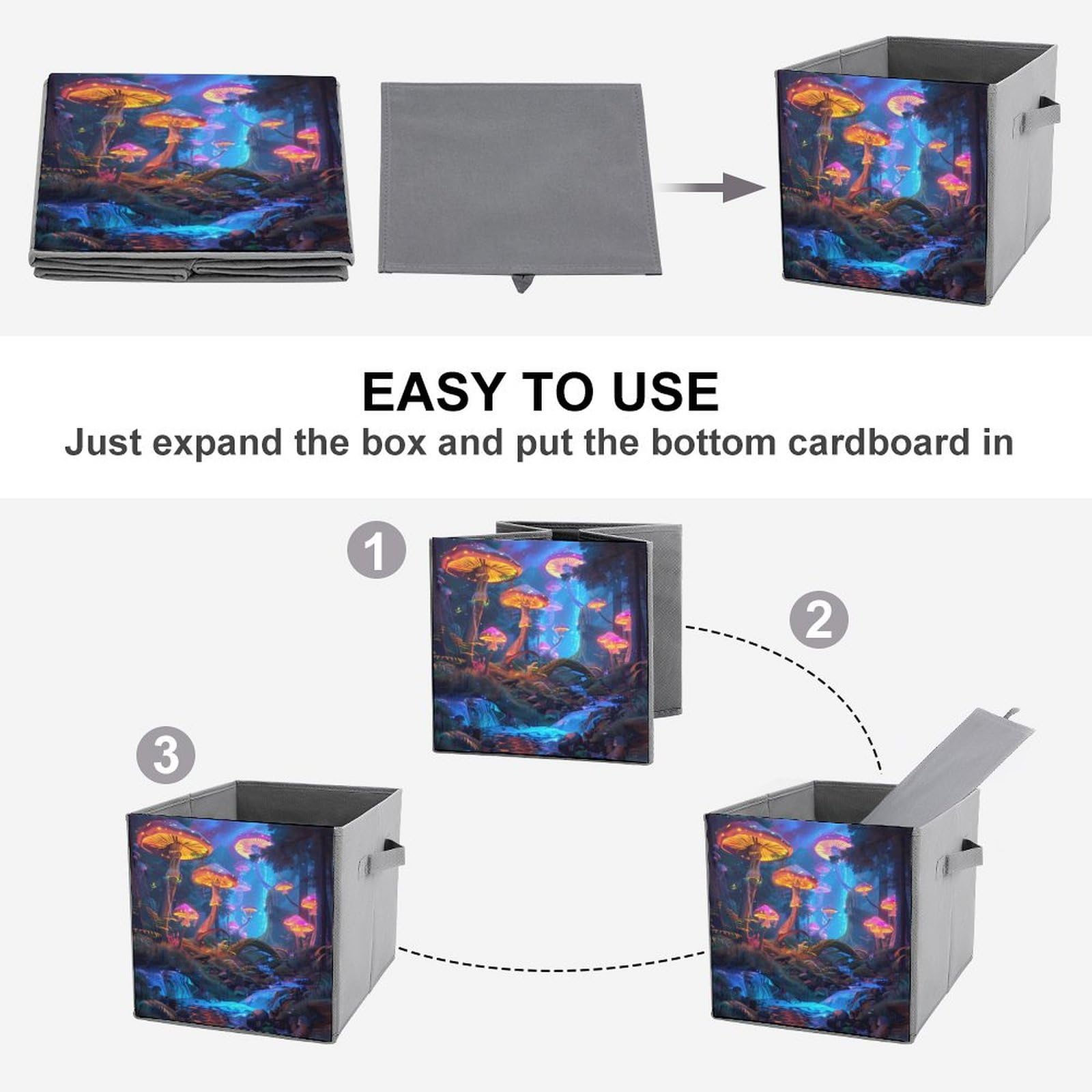 Blacklight Mushroom Folding Storage Cubes - Collapsible Fabric Organizer Bins with Handles for Closet, Nursery & Home Organization (1-Pack) - Perfect for Toys, Books & Laundry Storage