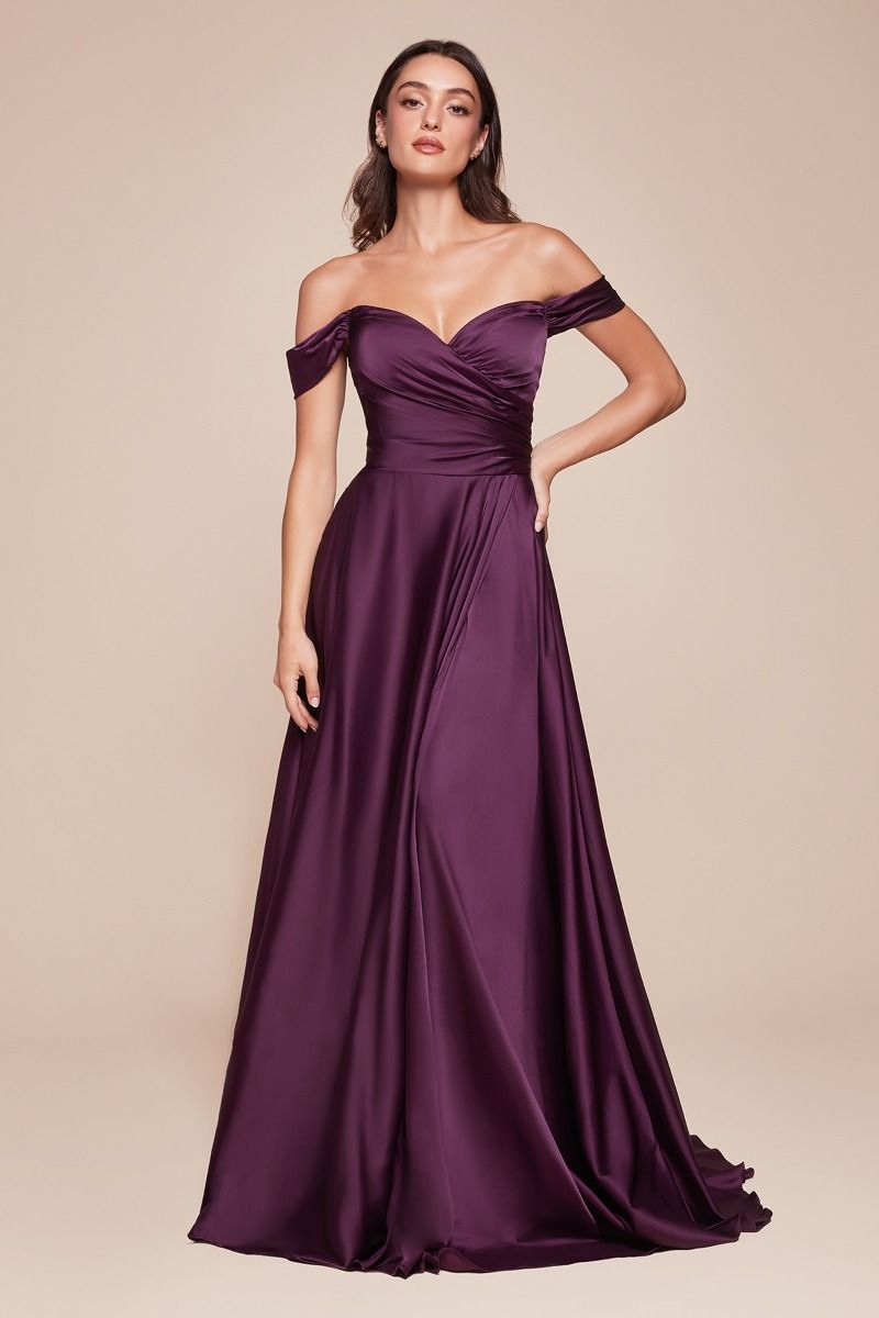 Jillian Gown - Elegant Eggplant Purple A-Line Soft Satin Off-Shoulder Dress for Evening Parties & Special Occasions