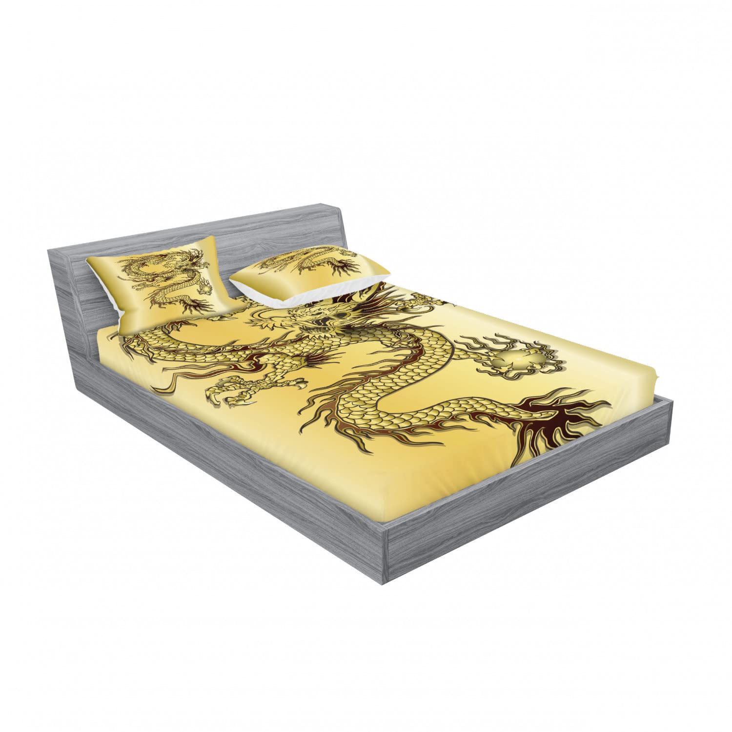 Ambesonne Dragon King Size 2-Pack Fitted Sheet & Pillow Sham Set - Chinese Eastern Myth Inspired 4-Piece Bedding Decor (2 Fitted Sheets + 4 Pillow Covers) in Mustard & Black - Perfect for Themed Bedrooms, Asian Decor, and Fantasy Lovers