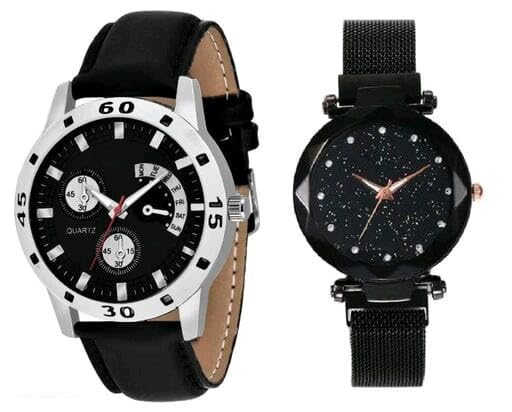 Premium Genuine Leather & Magnetic Strap Black Watch for Men & Women (SR-028 AT-281) - 2 Pack - Elegant Unisex Timepiece for Office, Date Night & Formal Occasions