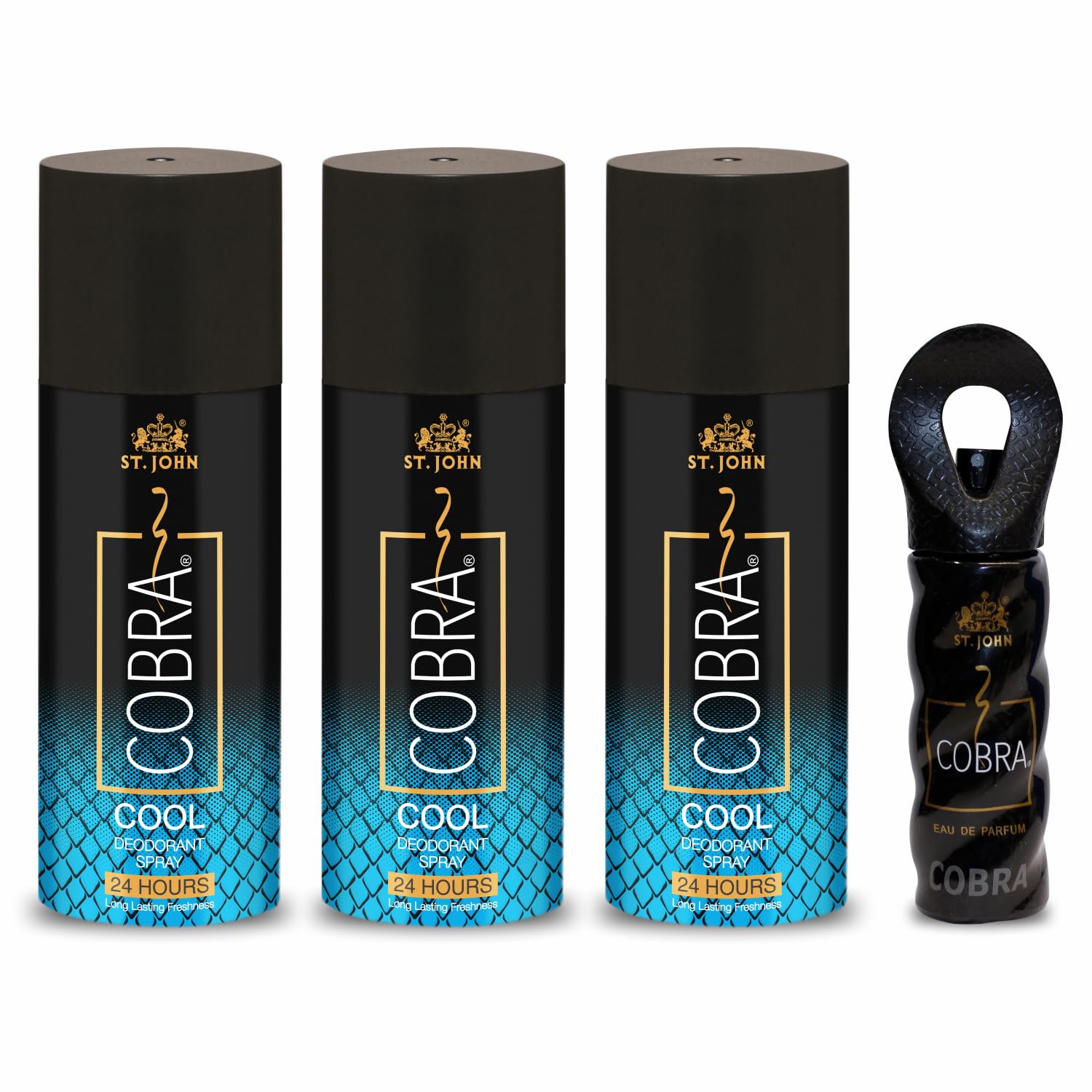 ST.JOHN Cologne Body Spray for Men & Women - 24 Hour Long Lasting Fragrance, Cool Deodorant Pack of 3 + Cobra Perfume 15ml (465ml, 4-Piece Set) | Gym, Office, Date Night & Everyday Freshness