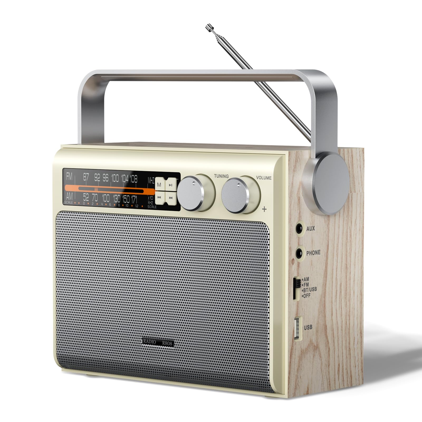 Portable AM FM Radio with Bluetooth - Best Reception, Battery or Wall Powered, Headphone Jack, USB, Aux Input, Big Speaker - Perfect for Home, Outdoor, Camping, Travel & Gifts
