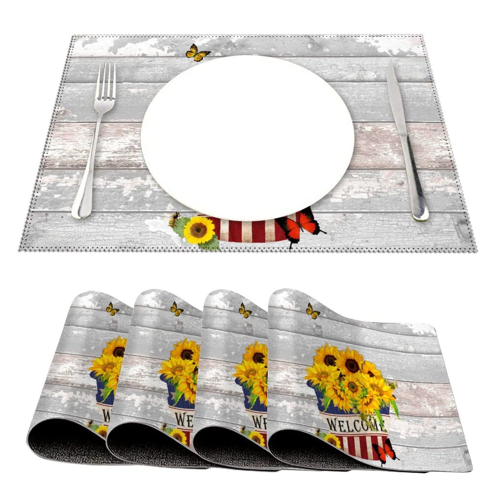 American Sunflowers Patriotic Welcome Place Mats Set of 4 - USA Flag Themed Heat Resistant Table Mats for Memorial Day Decorations, Dining Table Centerpiece with Flowers & Butterflies Design - Perfect for 4th of July BBQs, Family Gatherings & Patriotic Home Decor