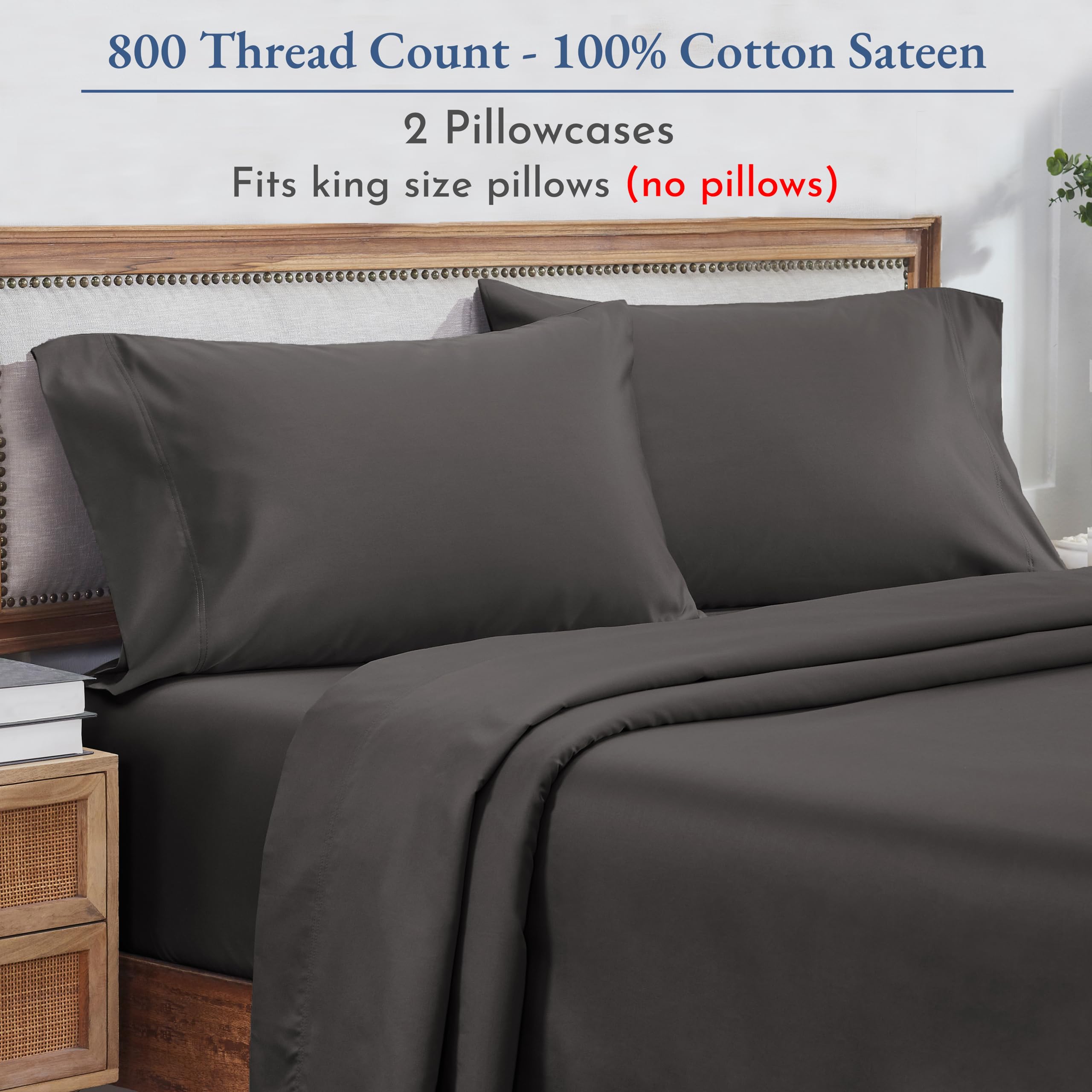 Premium 800 Thread Count 100% Cotton Sateen King Size Pillowcases (2-Pack) - Ultra Soft, Breathable & Durable - Luxury Bedding for Better Sleep - Fits Standard King Pillows - Grey
