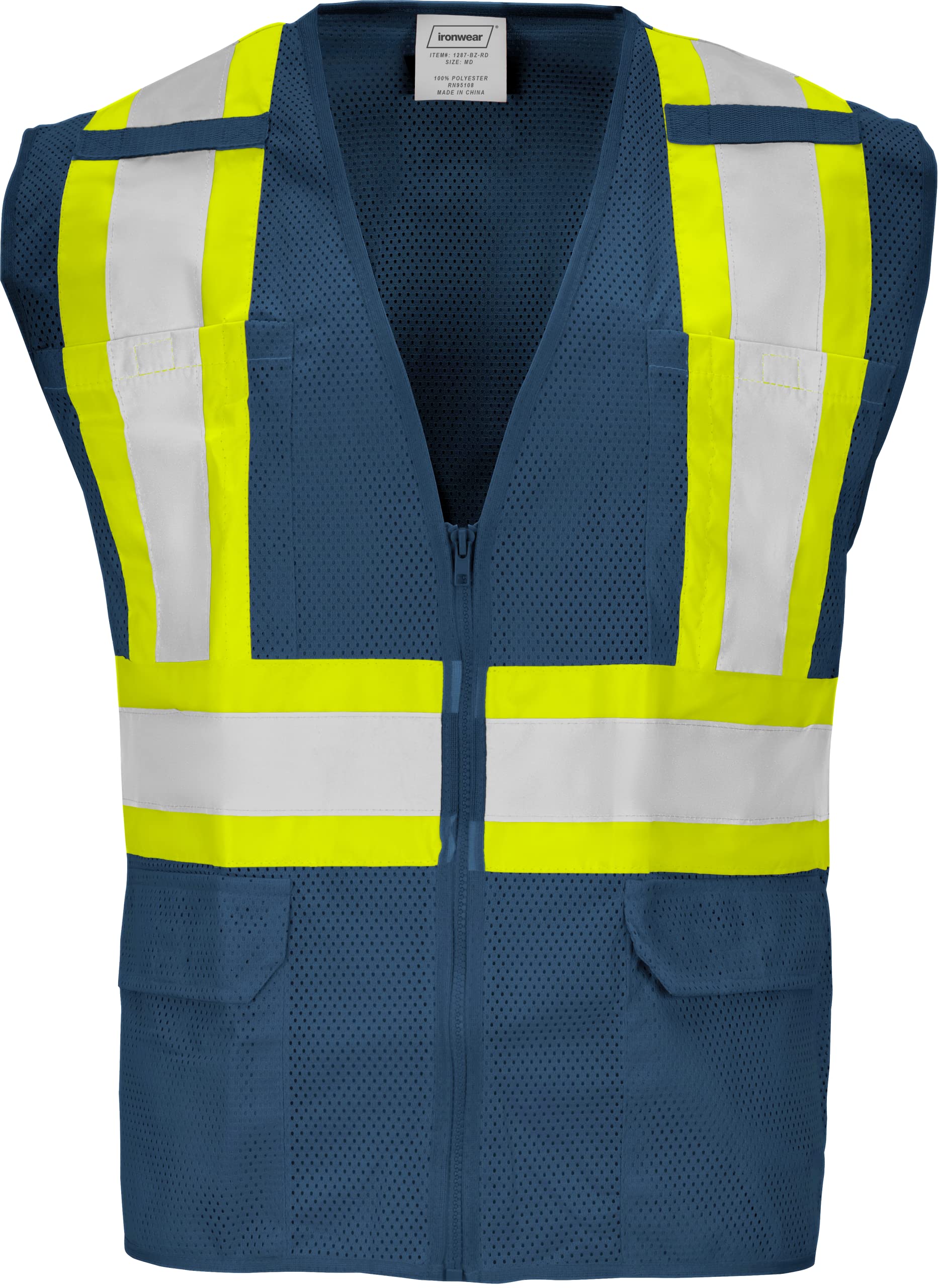 Ironwear 1287 Standard Polyester Mesh Safety Vest with Zipper & Radio Clips - High Visibility Reflective Work Vest for Construction, Road Crew & Emergency Responders