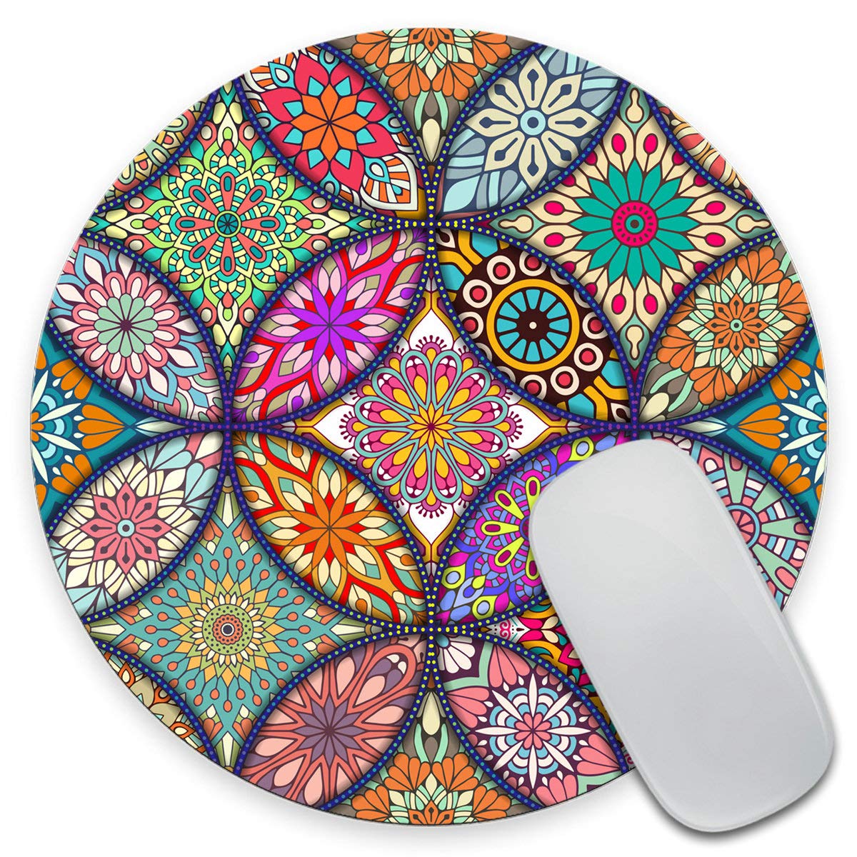 Vintage Round Mandala Mouse Pad - Non-Slip Rubber Office Mouse Mat with Decorative Design for Computer, Laptop, Gaming & Workstation Use
