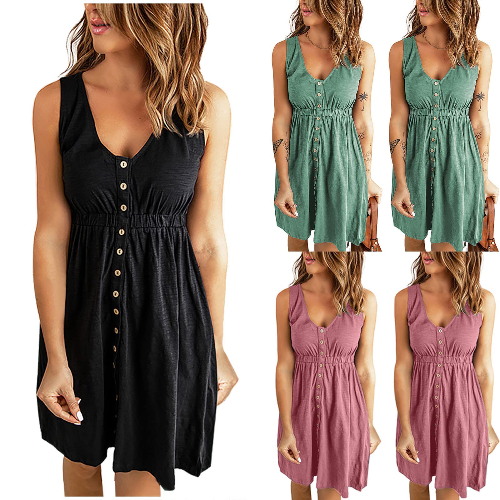 Ylyoy Women's Casual Henley Wedding Guest Dress - Sleeveless V-Neck Knee-Length Summer Spring Tank Dress with Button Down | Perfect for Weddings, Parties & Outdoor Events