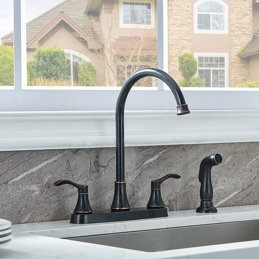 Commercial Lead-Free Oil Rubbed Bronze Kitchen Faucet - 3 or 4 Hole 2 Handle Design with High-Arc Spout & Side Sprayer for RV Sinks | Durable for Restaurants, Home Kitchens & Outdoor Use