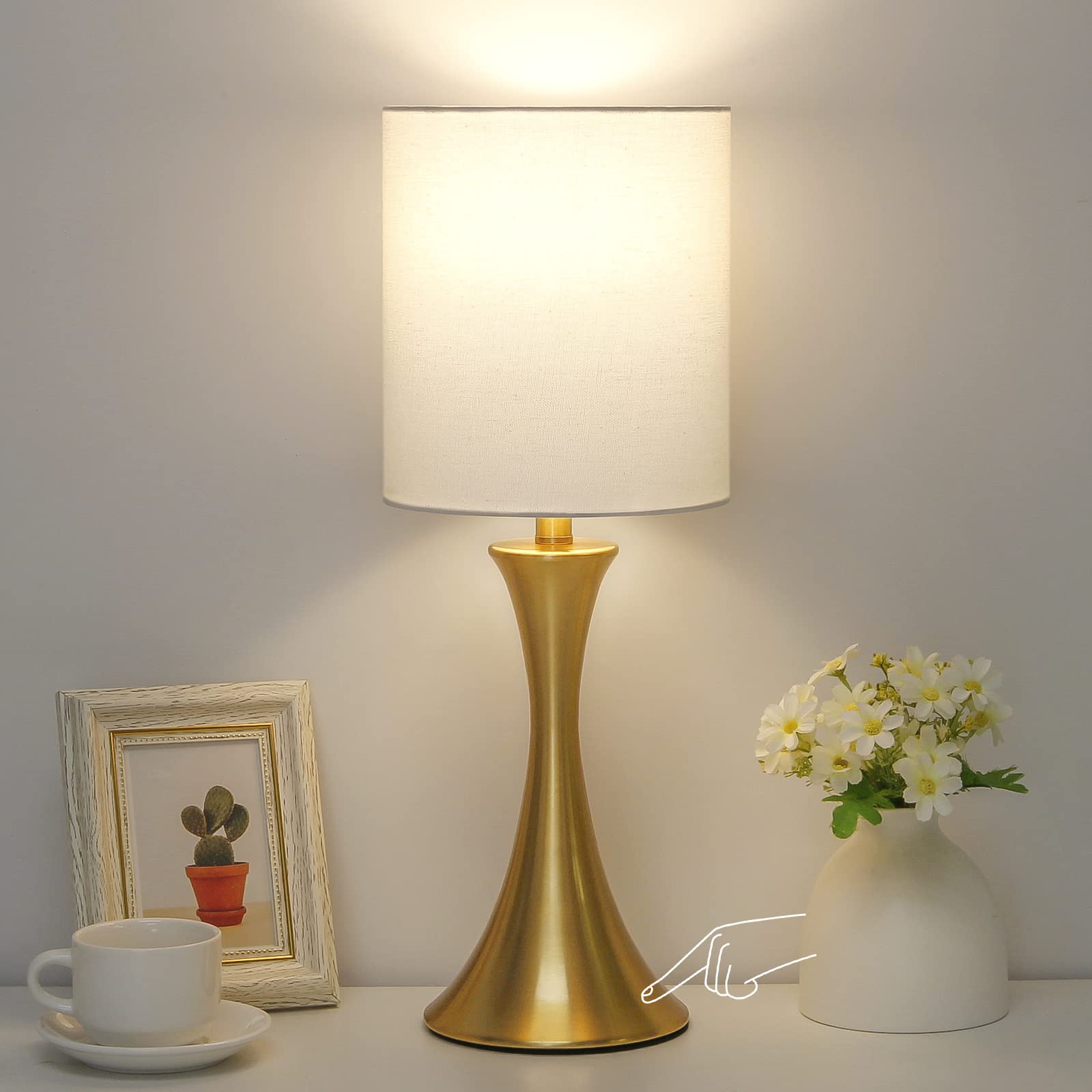 Gold Touch Control Bedside Lamp - 3-Way Dimmable Nightstand Light with Linen Shade, Modern Table Lamp for Bedroom, Living Room & Office, Minimalist Desk Lamp for Dorm & Home (Bulb Included) - Perfect for Reading, Relaxing & Creating Cozy Ambiance