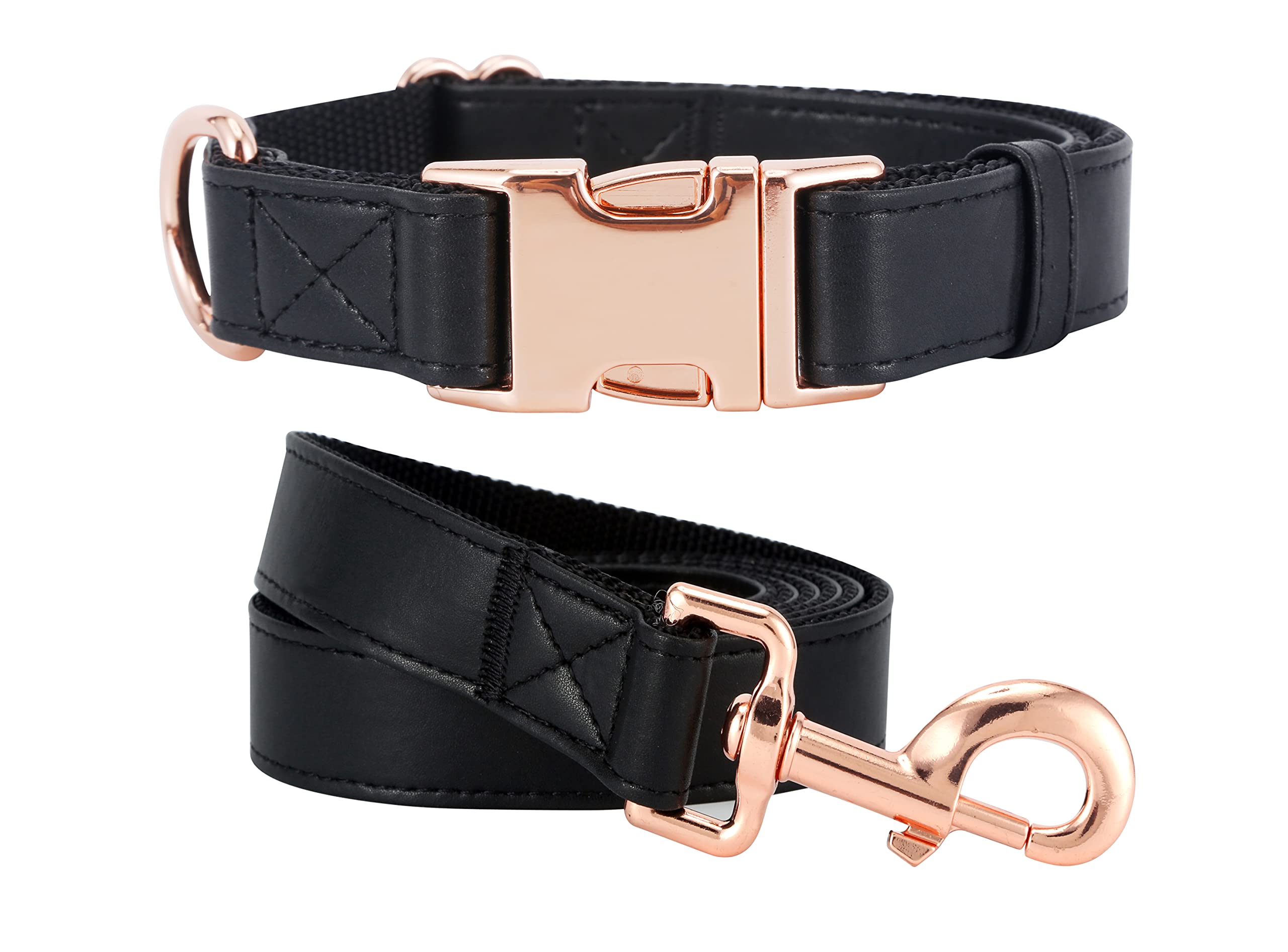 Vegan Leather Dog Collar and Leash Set with Rose Gold Buckle - Soft, Durable & Easy to Clean for Small, Medium & Large Dogs (Black, Size S 12.2