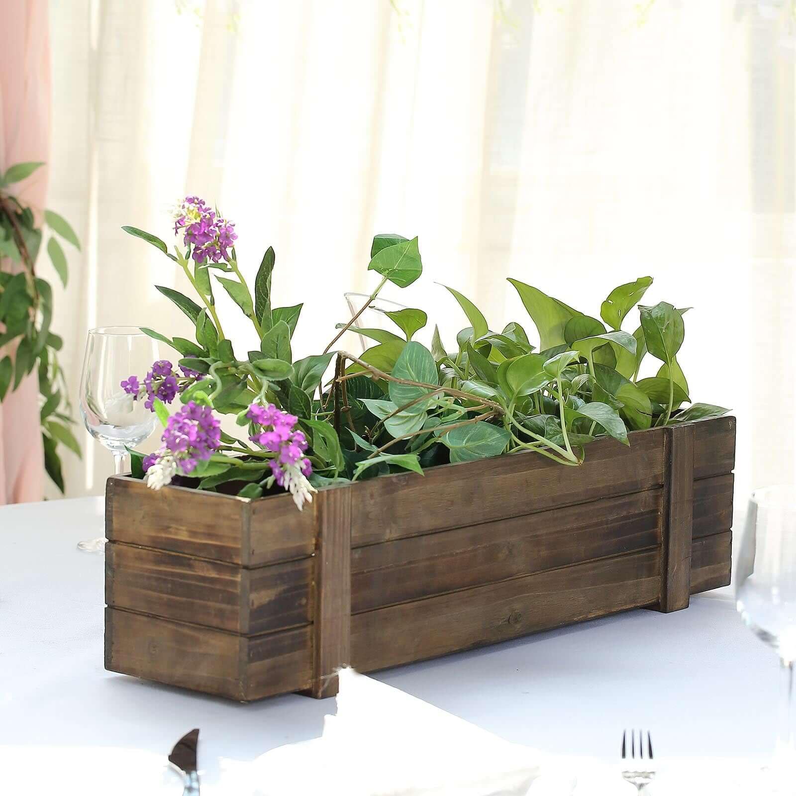 Efavormart 24x6 Inch Smoked Brown Rectangle Wooden Planter Boxes with Plastic Liner - DIY Rustic Wedding Party Decor for Centerpieces, Home Garden, and Outdoor Decorations
