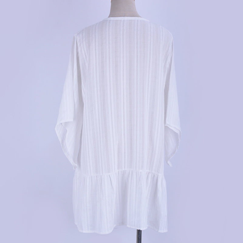 Women's Cotton Jacquard Button-Up Loose Sleeve Sun Protection Shirt - Perfect for Beach, Outdoor Activities & Summer Fashion