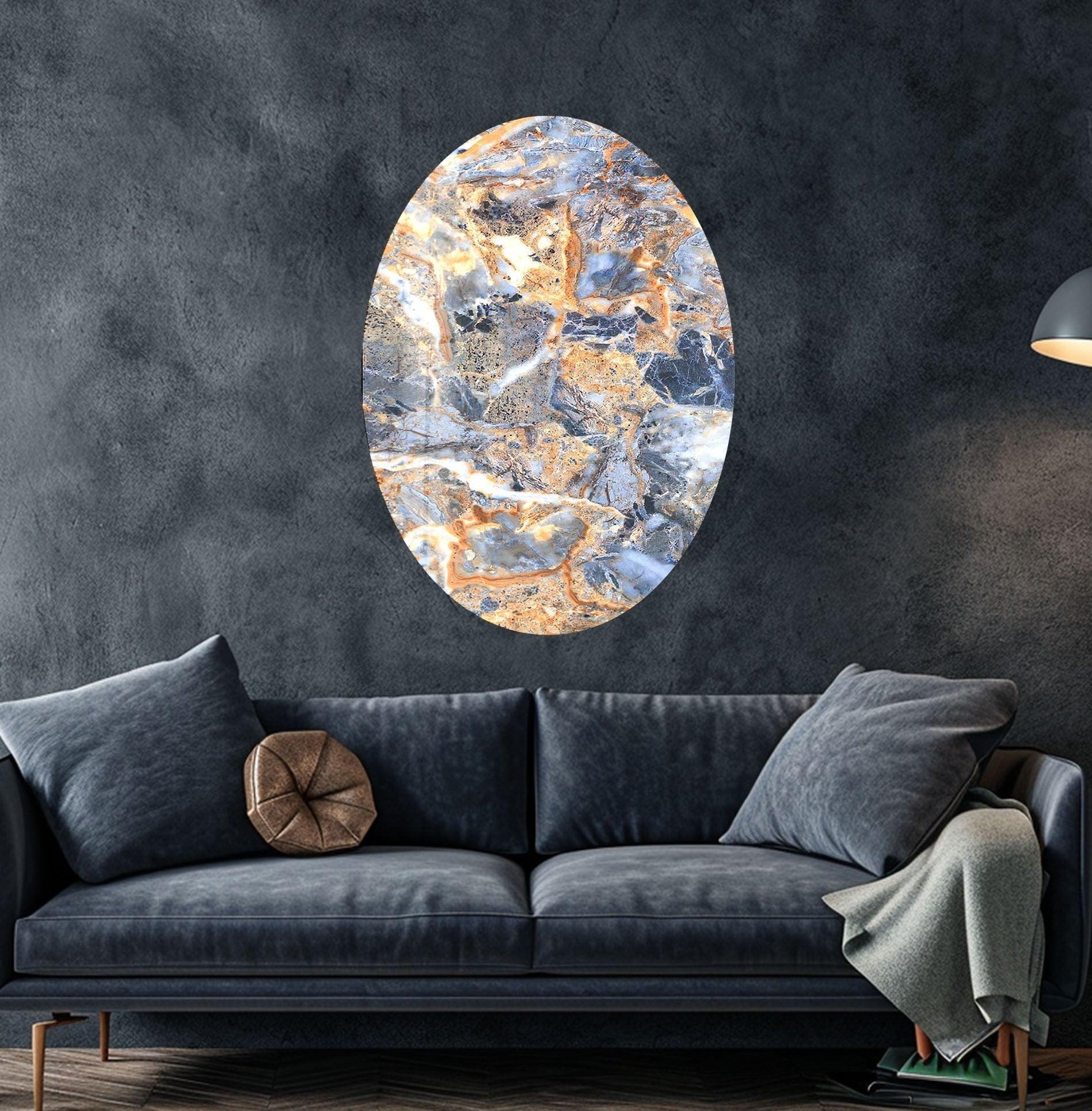 Handcrafted Asymmetric Oval Orange & Blue Marble Glass Wall Art - Modern Abstract Home Decor for Living Room, Bedroom & Office