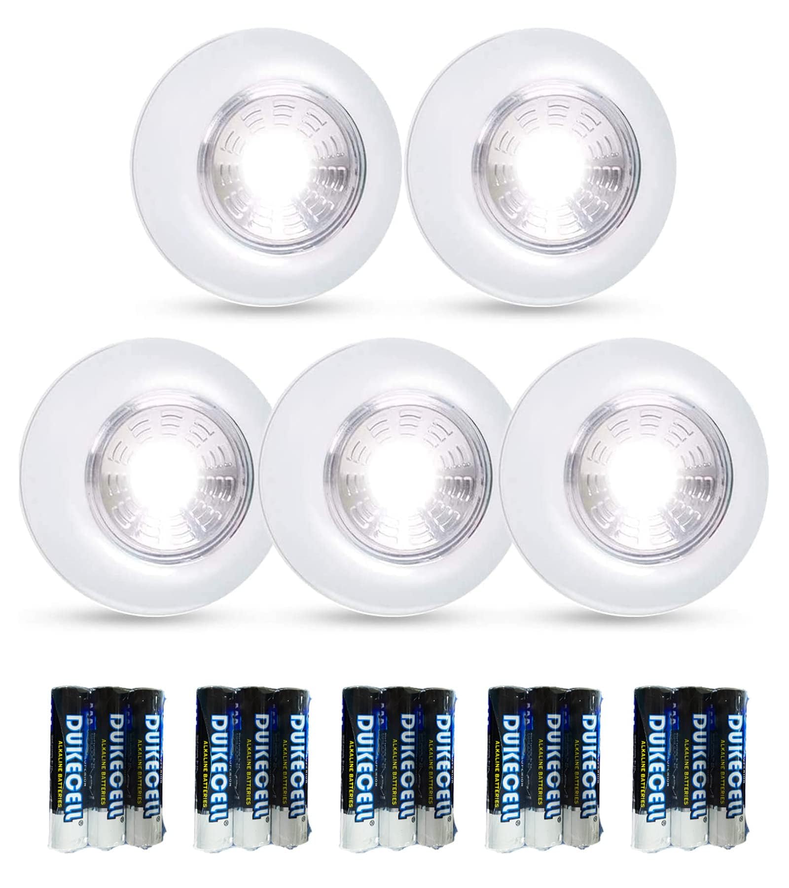 **Dream Master Tap Light - 5 Pack Battery Operated Wireless Puck Lights with 15 Batteries Included, Stick-On Touch Lights for Closet, Counter, Kitchen, Cabinet & Nightlight Use (White)**