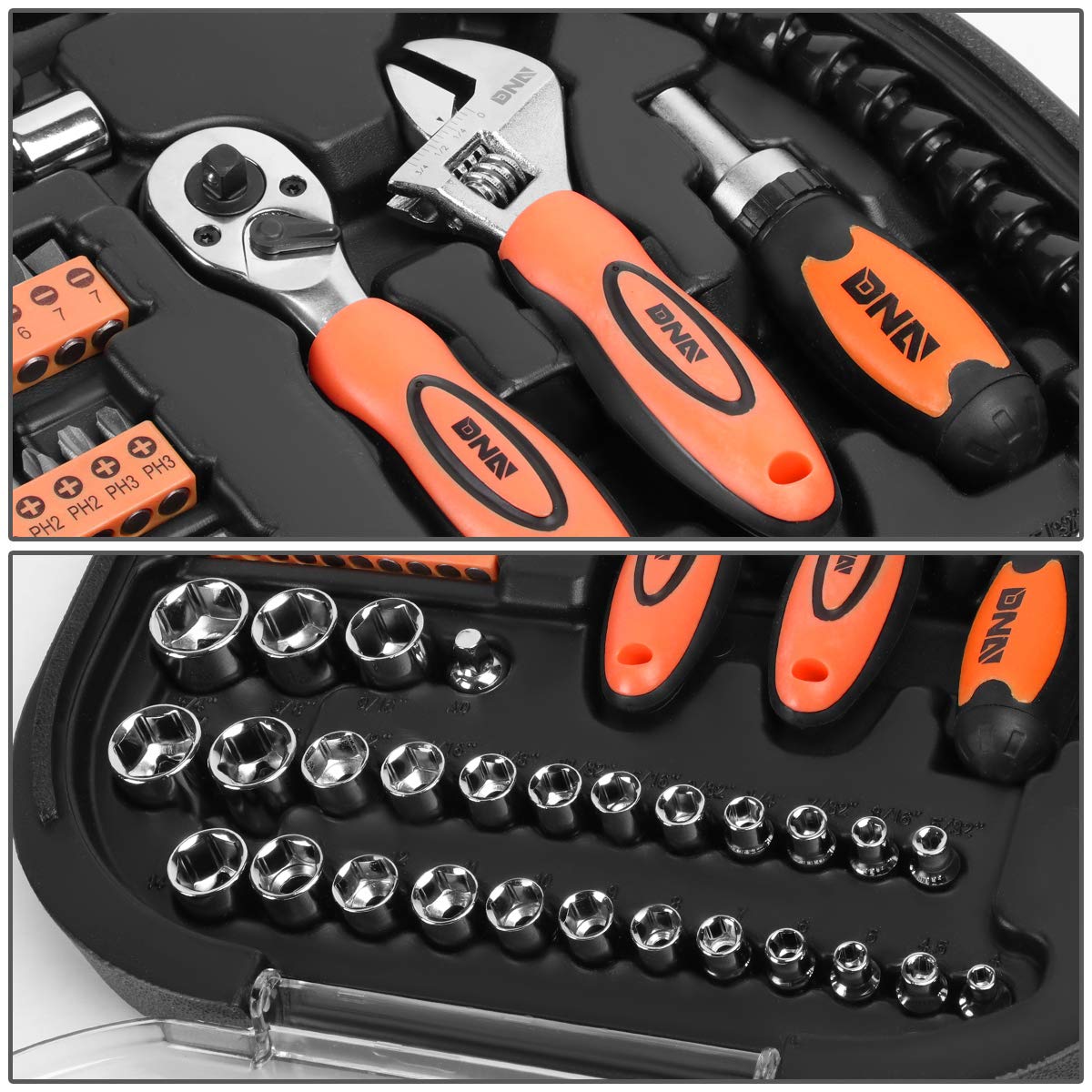 DNA Motoring TOOLS-00026 64-Piece Mechanic's Tool Set - Auto & Home Repair Kit with Screwdriver Bits, Ratchet, Wrench - Orange/Black Hand Tool Box for Car Maintenance, DIY Projects, and Household Fixes