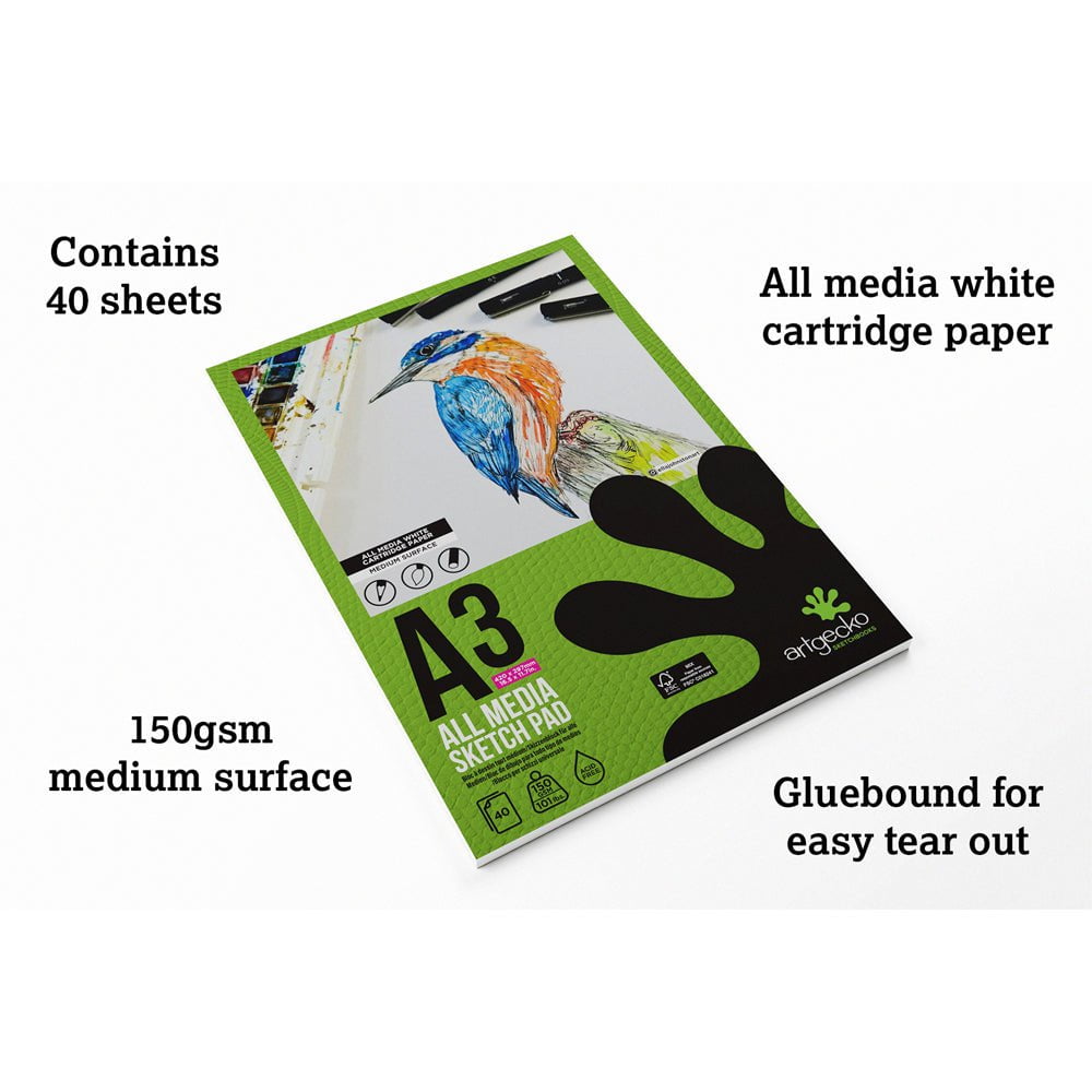Artgecko Pro All Media Sketchpad A3 - 40 Sheets 150gsm White Paper for Drawing, Painting & Mixed Media - Perfect for Artists, Students & Professionals