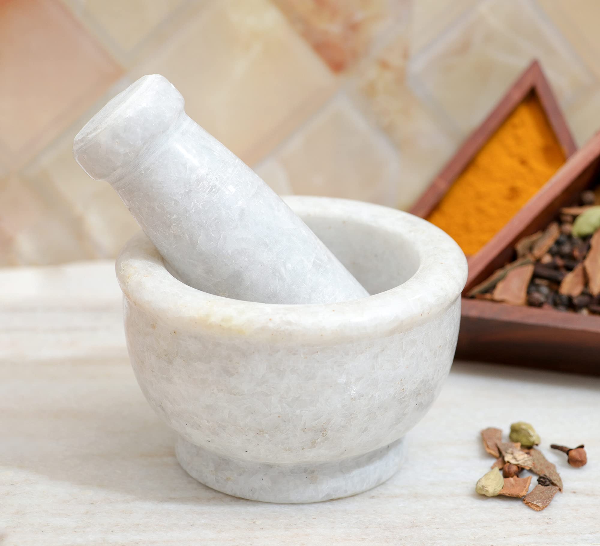 Premium White Marble Mortar and Pestle Set - 4 Inch Spice Grinder & Herb Crusher - Perfect for Guacamole, Pesto, Spices, Pills - Elegant Kitchen Gift for Women - Ideal for Home Cooking, Herbal Remedies & Gourmet Food Preparation