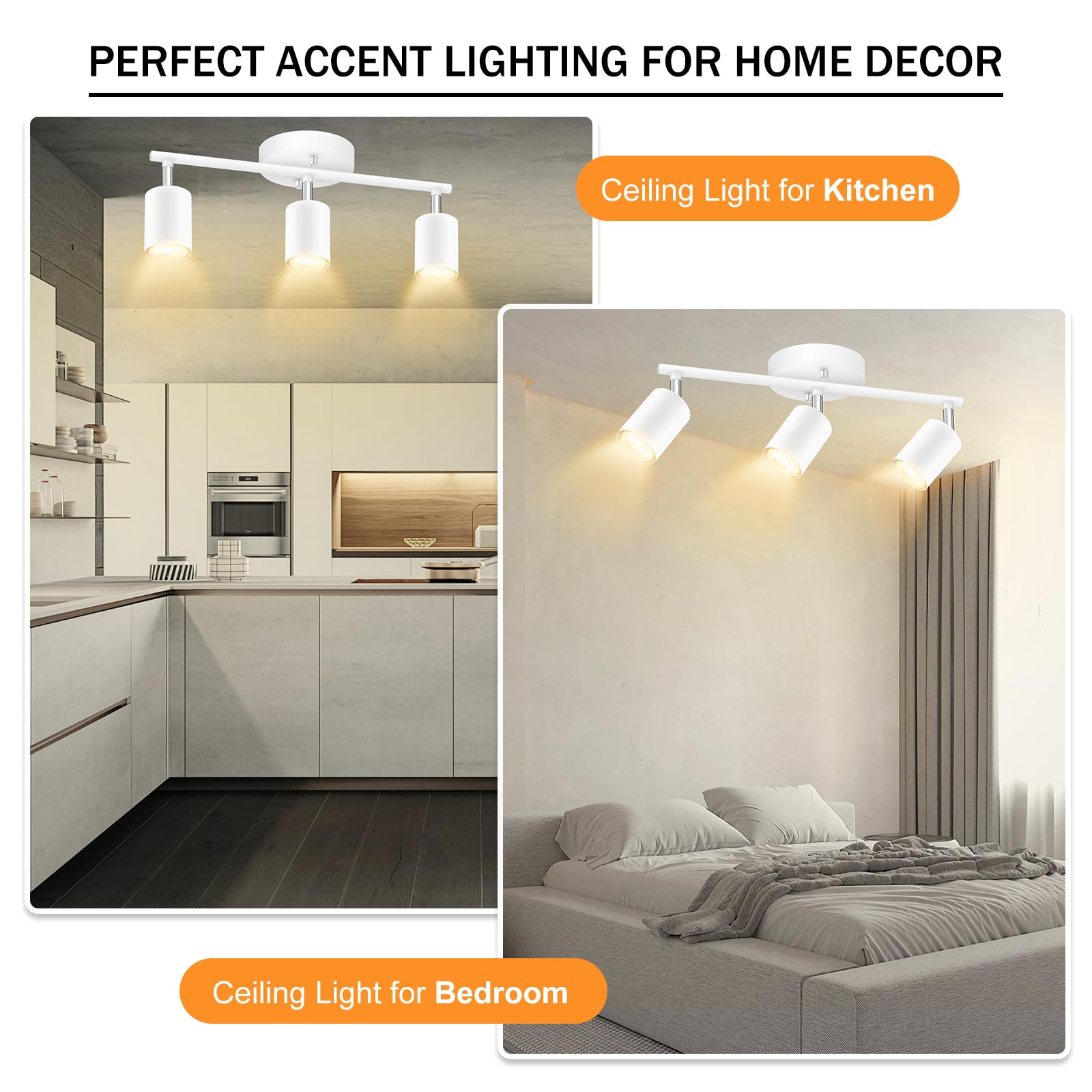 Modern White 3-Light LED Track Lighting Kit - Adjustable Rotating Spotlight Heads for Kitchen, Cabinet, Gallery, Bar & Living Room | Energy Efficient Industrial Ceiling Light Fixture for Home & Commercial Spaces