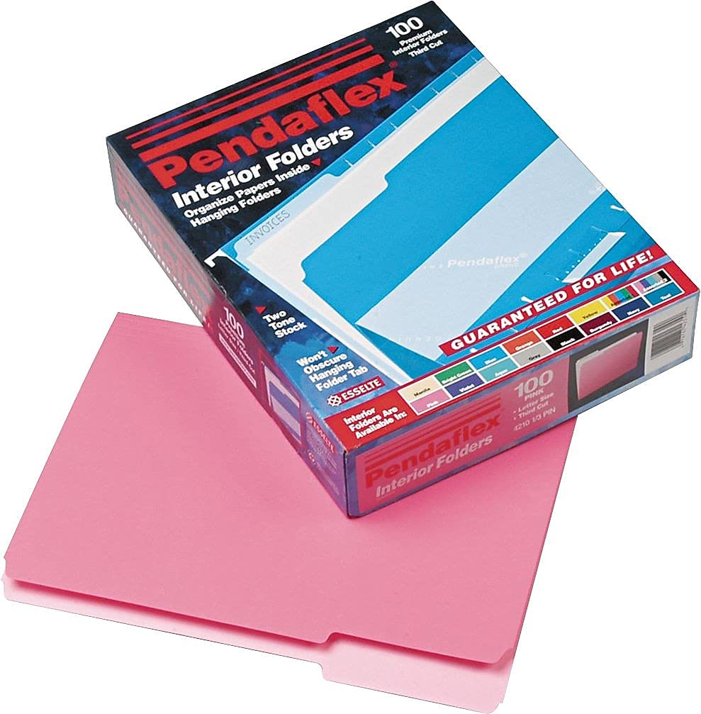 Pendaflex 421013PIN Interior File Folders - 1/3 Cut Top Tab Letter Size Pink Folders (100/Box) - Perfect for Office Organization, Document Filing & Home Office Supplies