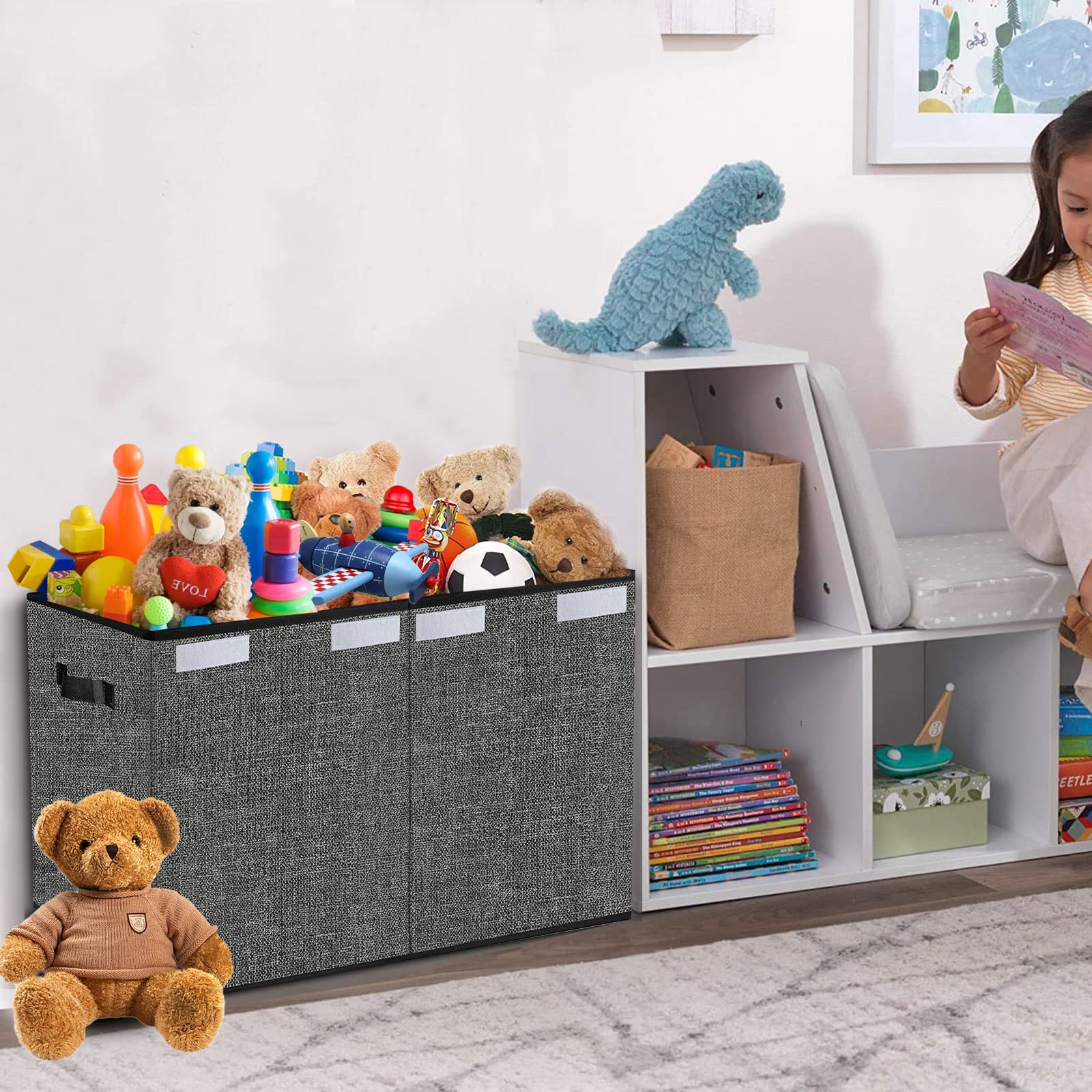 Large Collapsible Toy Storage Box Organizer with Lids & Handles - 24.5x13x16 Inch Kids Toys Container Bin for Living Room, Playroom, Closet - Perfect for Organizing Stuffed Animals, Legos & Playroom Toys (Black)