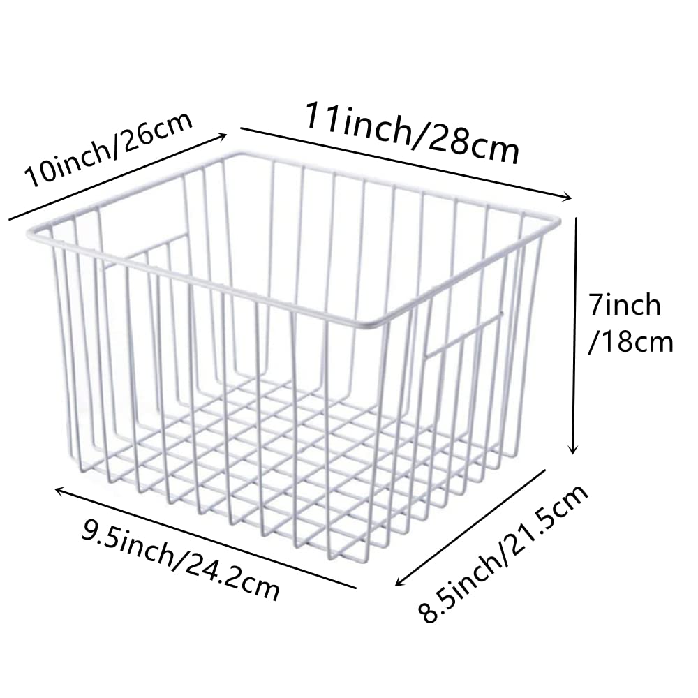 Slideep 11'' Farmhouse Freezer Organizer Baskets - Set of 6 White Metal Wire Storage Bins with Built-in Handles for Refrigerator, Kitchen, Pantry & Bathroom Organization | Perfect for Food Storage, Cabinet Organization & Home Decluttering