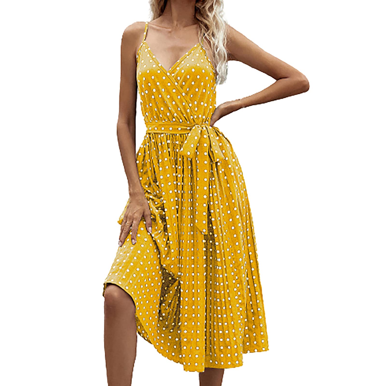 Sexy Elegant Pink Polka Dot V-Neck Knot Front Spaghetti Strap Midi Dress for Women | Summer Party, Date Night, Cocktail Attire