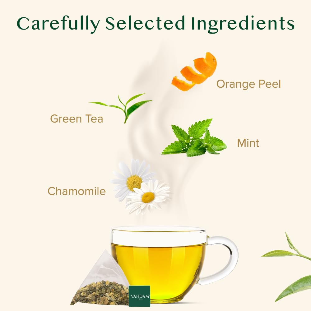 VAHDAM Chamomile Mint Citrus Green Tea Bags (100 Count) - Low Caffeine, Non-GMO, Gluten Free, Sweet Floral Herbal Tea | Resealable Ziplock Pouch for Freshness | Perfect for Relaxation, Stress Relief & Afternoon Tea Time