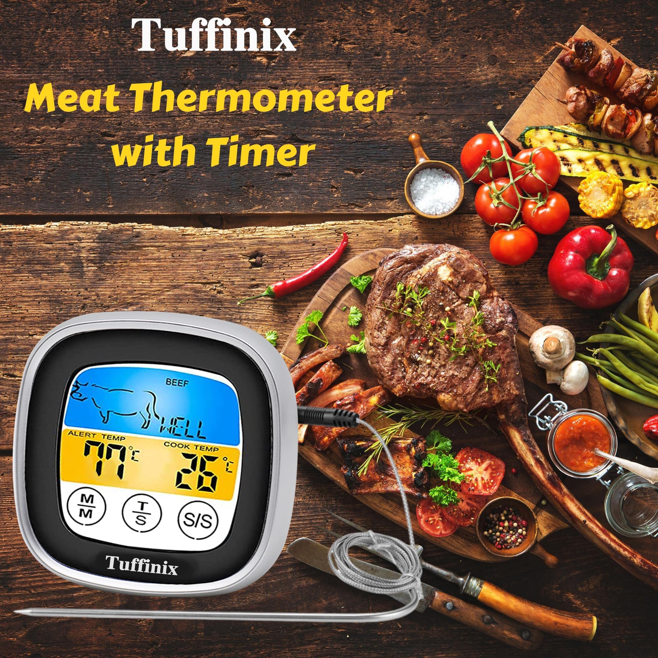 Tuffinix Digital Touchscreen Meat Thermometer - Instant Read Food Thermometer with 40in Probe, Timer & Oven Safe for BBQ, Grilling, Frying, Smoking | Perfect for Kitchen, Outdoor Cooking & Professional Chefs