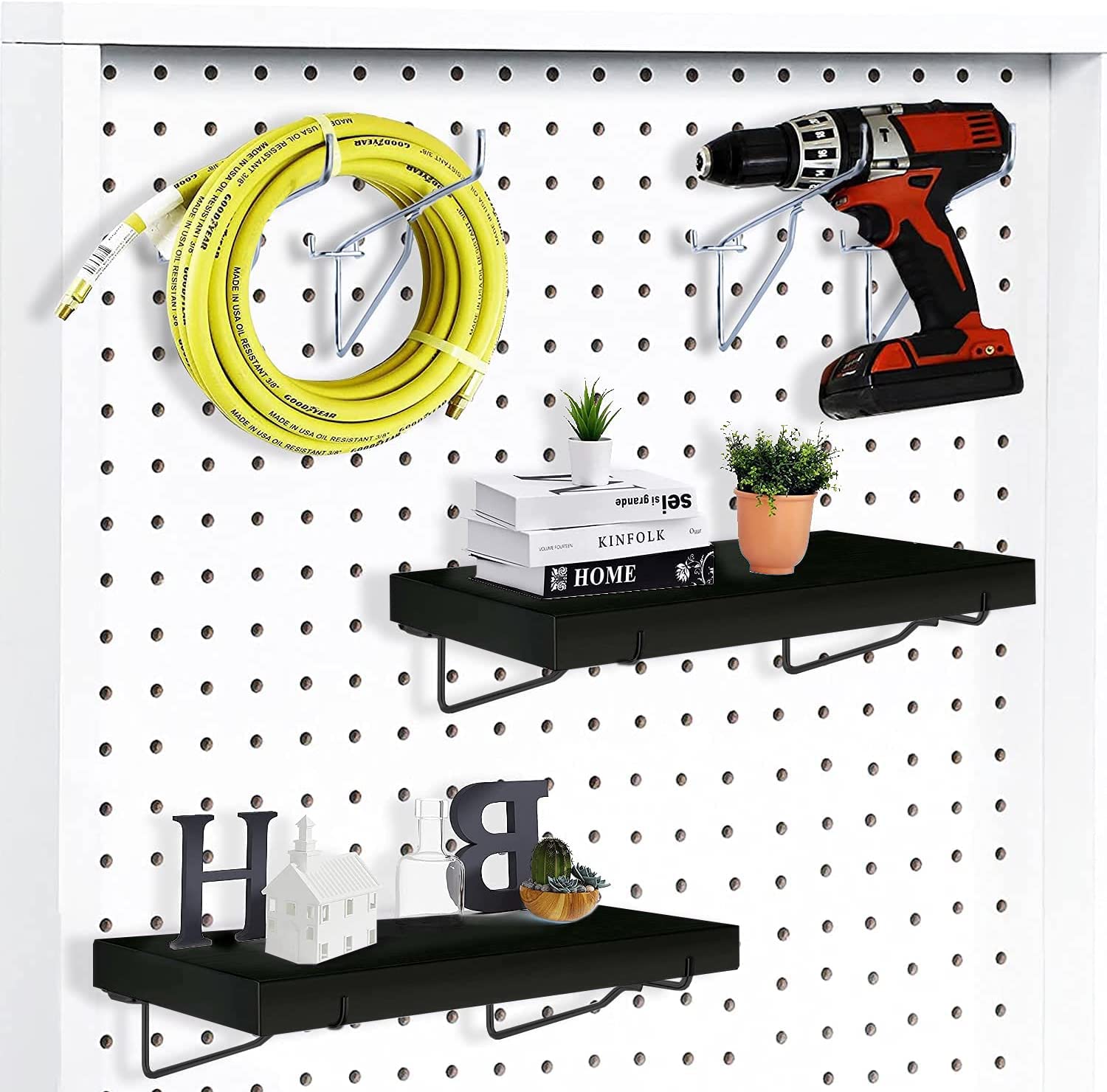 Black Pegboard Shelf 4 Pack - Wooden Shelves with Metal Brackets & Hooks for Craft Room, Home Organization, Kitchen Storage & Garage Tool Wall - Perfect for DIY Projects, Small Space Solutions & Workshop Organization