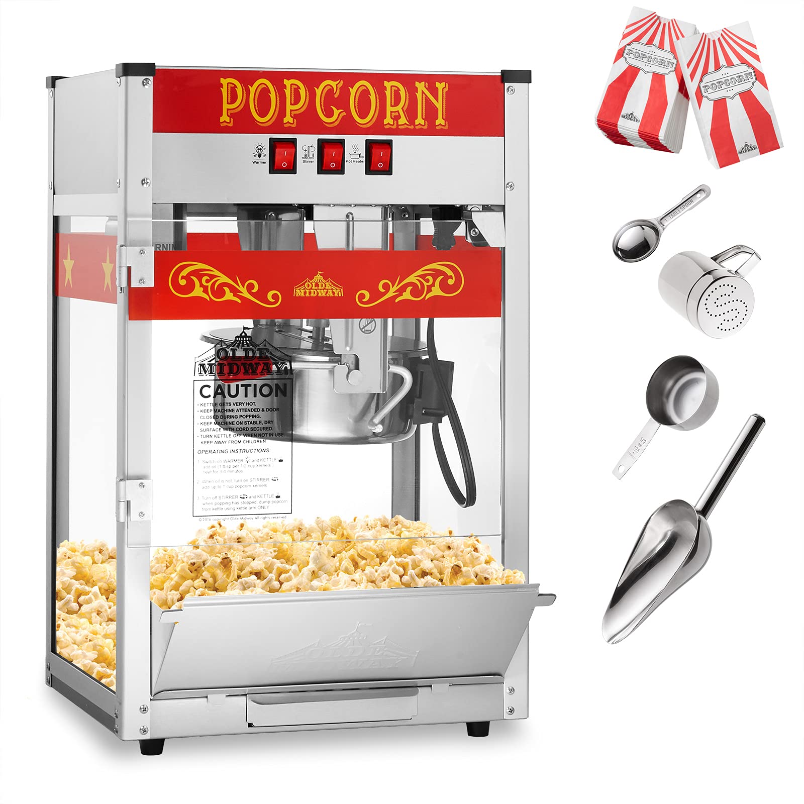 Olde Midway Commercial Popcorn Machine Maker Popper with 8-Ounce Kettle - Red | Perfect for Movie Nights, Parties & Concession Stands