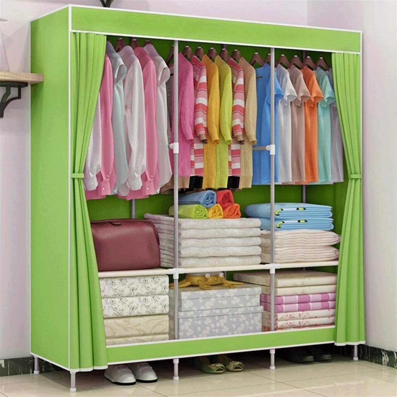 Portable Non-Woven Fabric Wardrobe Closet with Double Rod - Green Clothes Storage Organizer for Bedroom, Closet, Dorm & Travel