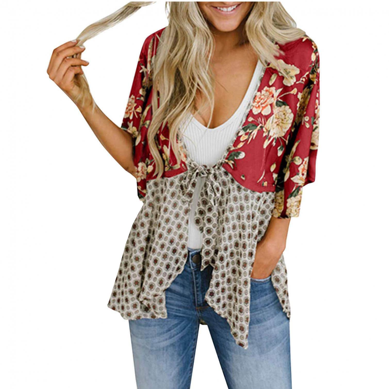 Women's Boho Floral Sheer Cropped Cardigan - Tie Front Chiffon Summer Shrug Short Sleeve Top for Beach Cover-Up, Evening Outfits & Casual Wear