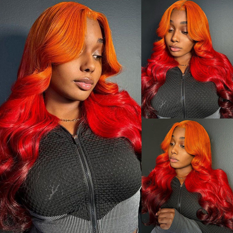 Eullair Ombre Orange Red Brown Body Wave Human Hair Wig with Transparent Lace Frontal for Women - Perfect for Daily Wear, Cosplay & Special Occasions