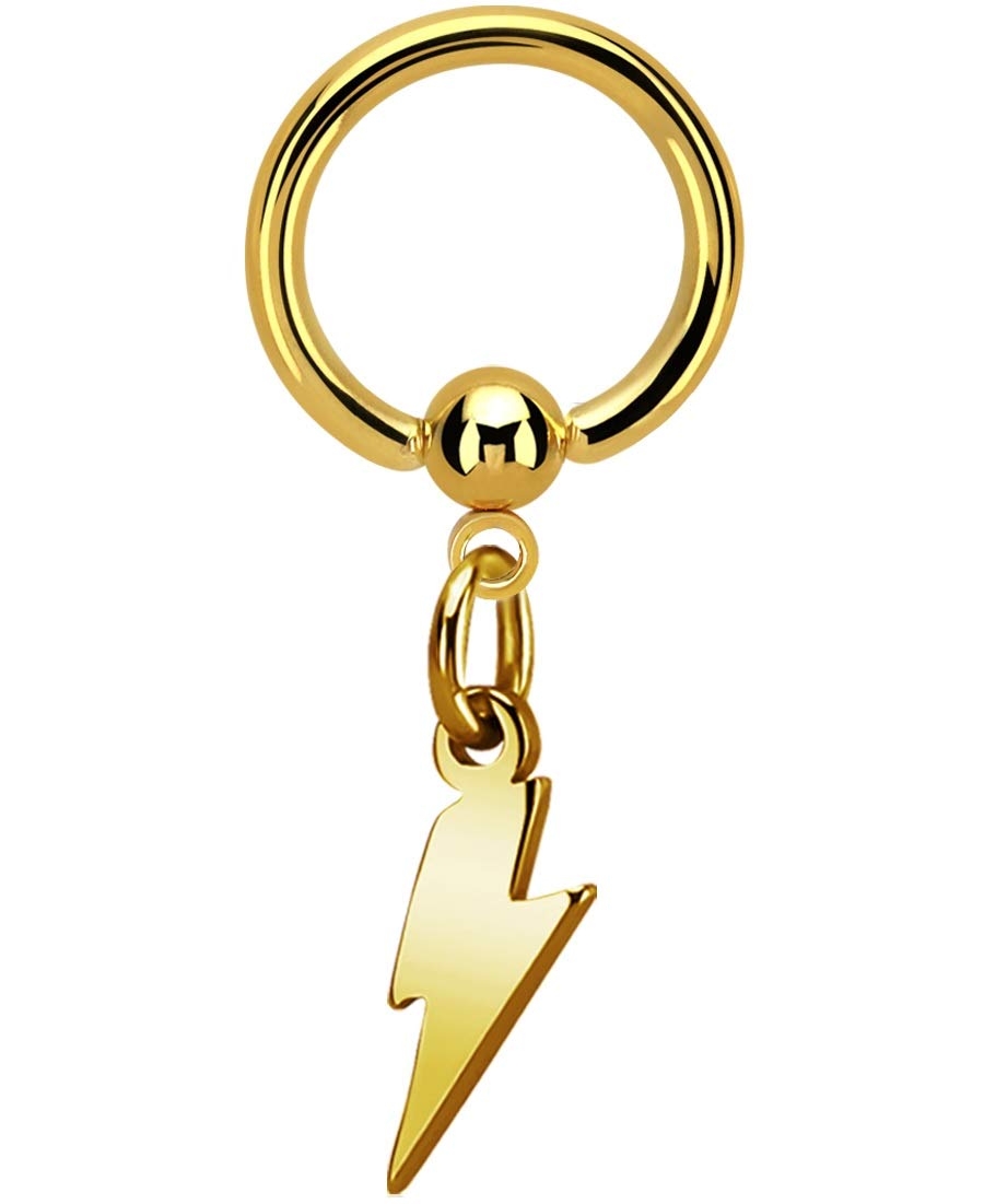 12mm Gold Tone Stainless Steel Dangling Lightning Bolt Captive Bead Ring Piercing - Perfect for Cartilage, Helix, and Nose Jewelry