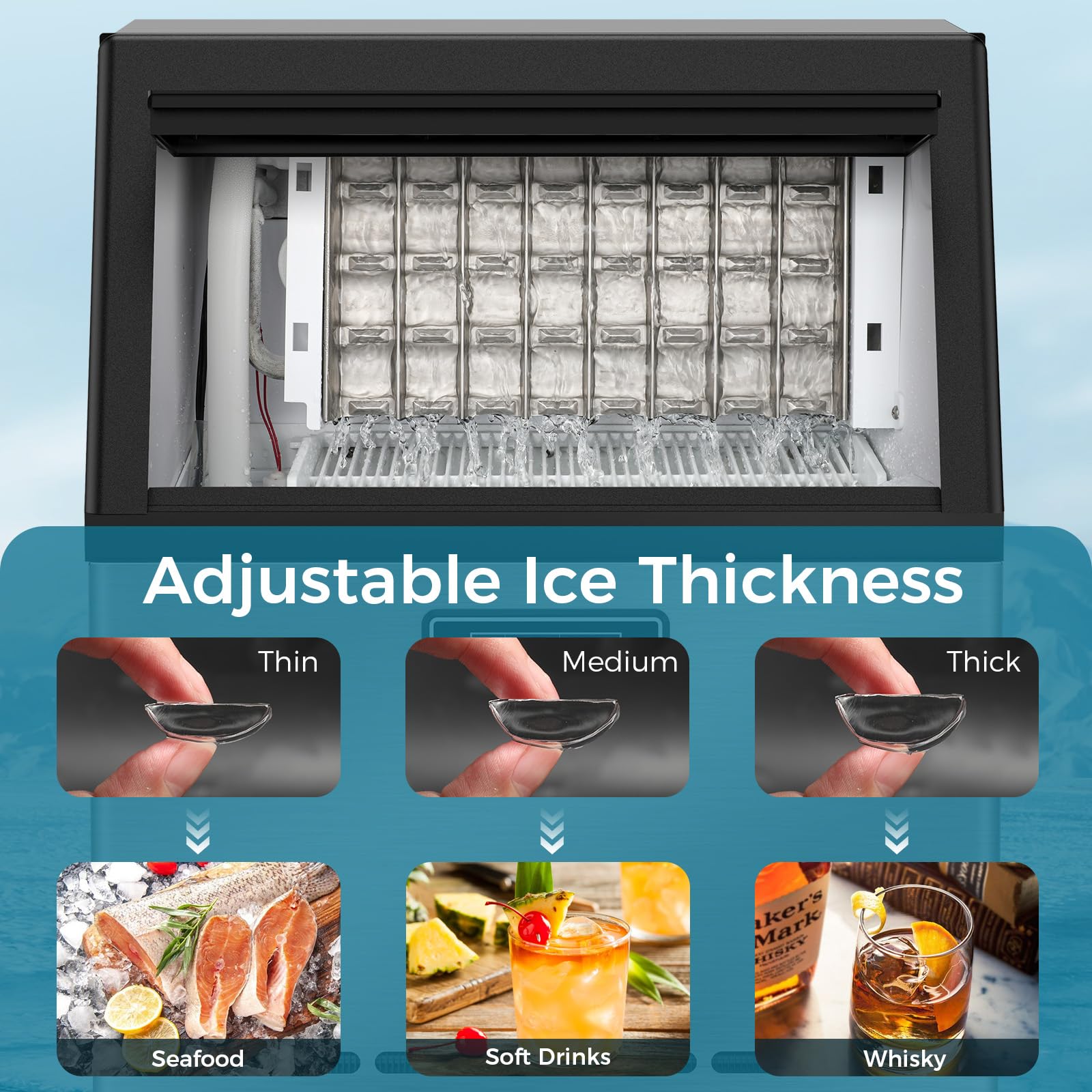 Commercial Ice Maker Machine - 100lbs/24H Under Counter Ice Maker with Moon-Shaped Ice & Thickness Control, Stainless Steel Freestanding Ice Machine for Home, Bar, Cafe, Office - Perfect for Cocktails, Beverages & Commercial Use