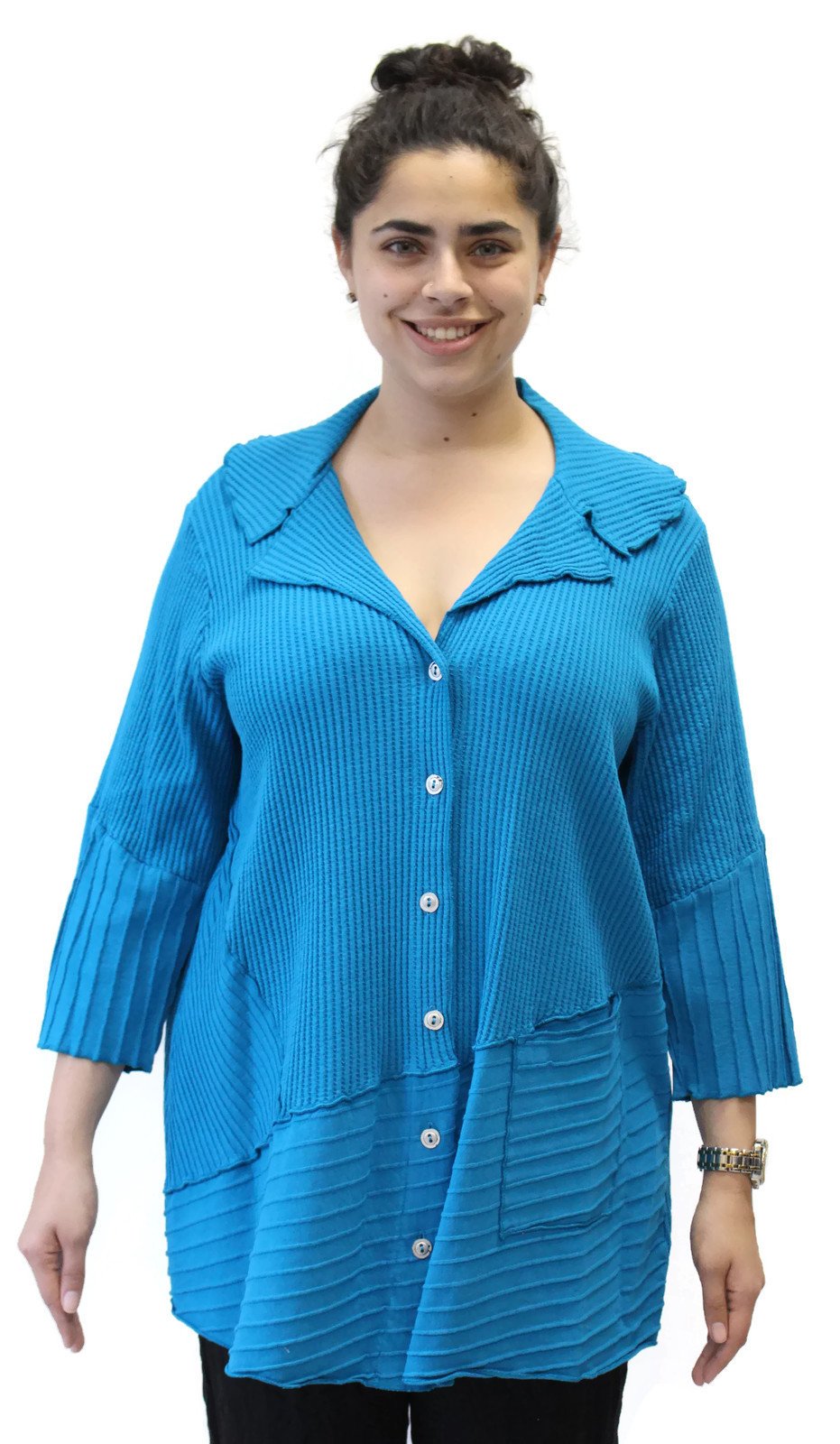 Fenini Women's Plus Size Cotton T-Shirt with Blue Patch Design - Casual & Comfortable Top for Everyday Wear, Work, and Outings