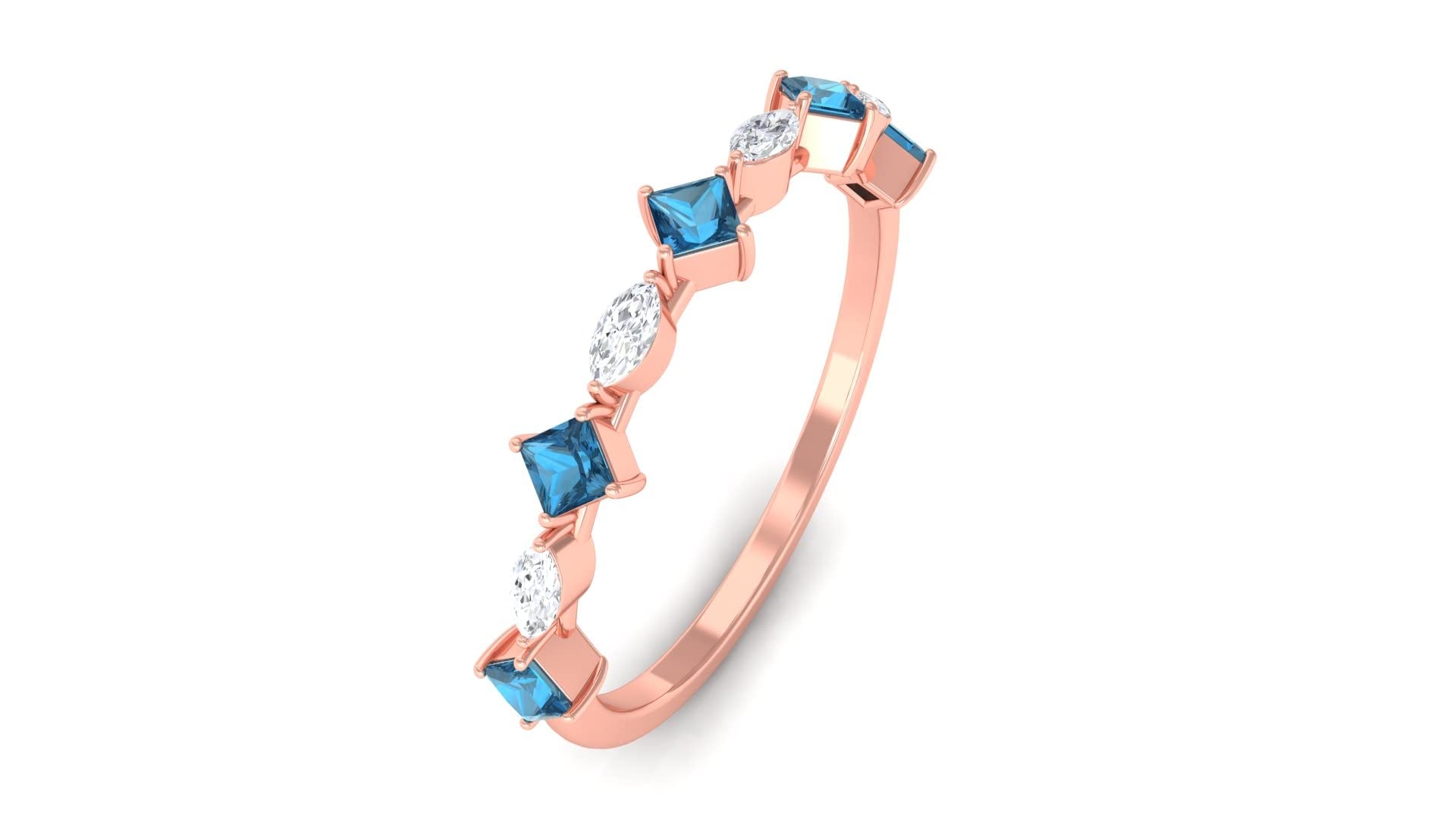 1/4 CT London Blue Topaz & Diamond Ring - 14K Solid Gold Women's Half Eternity Band - Elegant Semi Eternity Wedding Ring for Anniversary, Engagement & Special Occasions