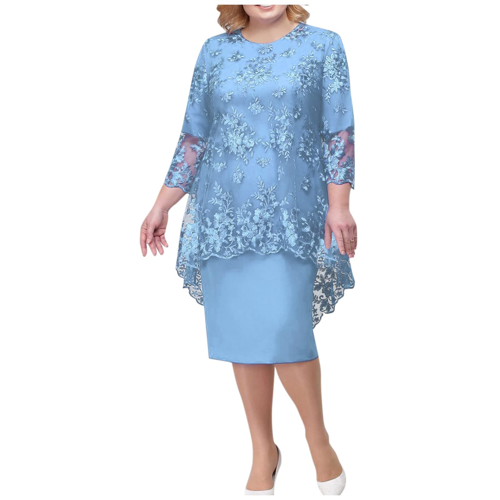 Elegant Two Piece Midi Dress for Women - Summer Formal Short Sleeve Bodycon Dress, Plus Size Knee Length, Sexy & Comfortable for Office, Party & Date Night