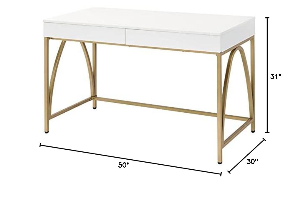 BOWERY HILL Contemporary Vanity Desk - White High Gloss Finish with Gold Accents | Modern Dressing Table for Bedroom, Makeup Station & Home Office