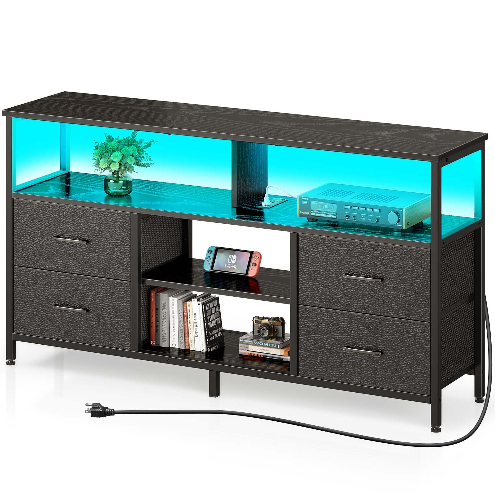 Rolanstar TV Stand with Power Outlets, LED Lights & Storage for 32-65