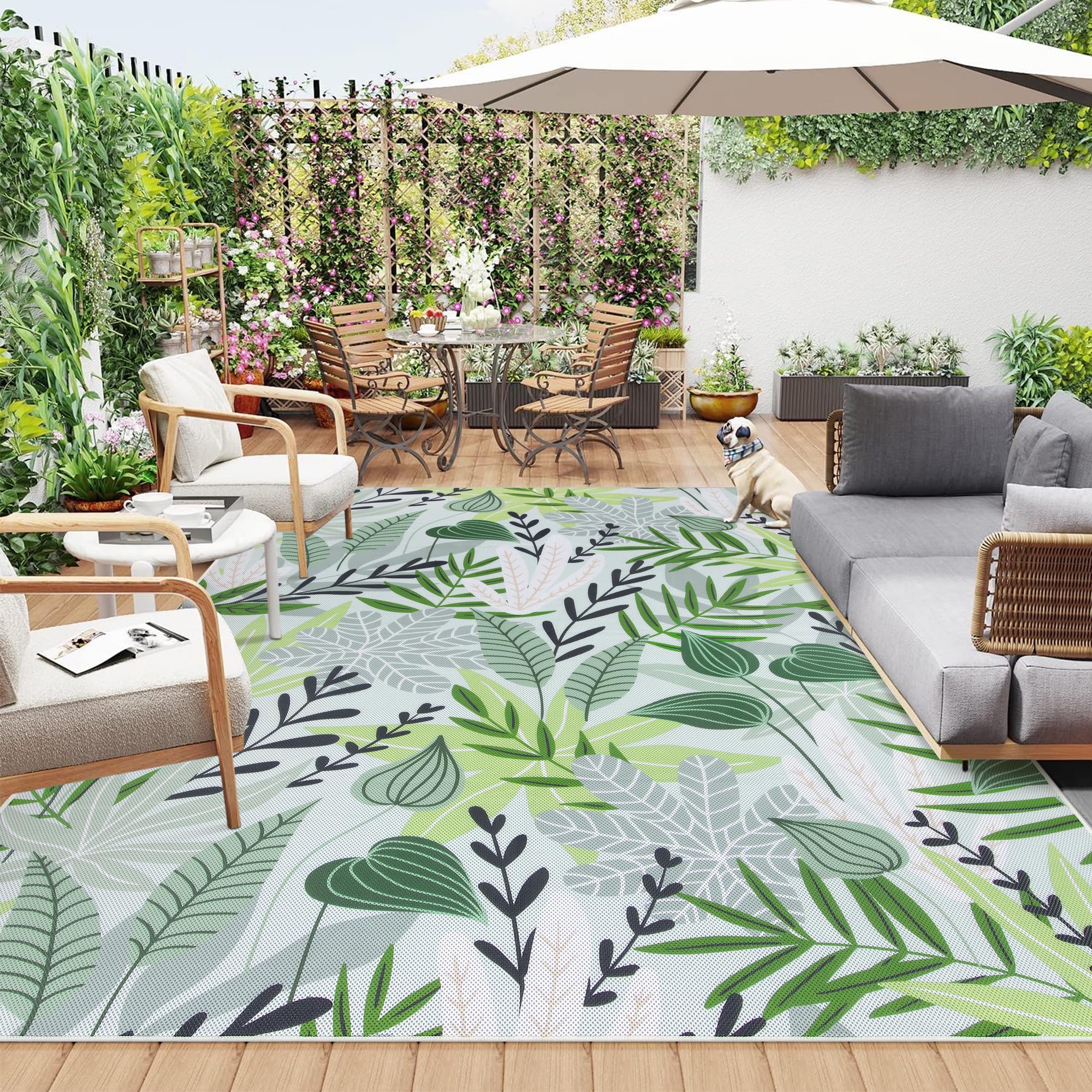 Lahome 8x10 Non-Slip Indoor Outdoor Rug - Green Leaf Design Patio Carpet for Camping, Picnic, Balcony, Deck, Backyard, RV, Living Room & Bedroom | Portable Large Waterproof Outdoor Mat for Home Decor & Travel Use