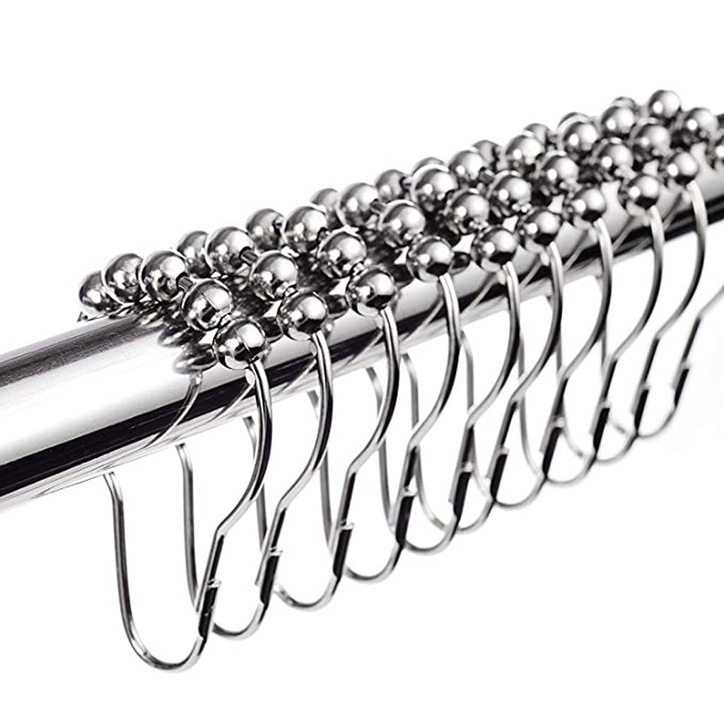 12 Pack Stainless Steel Shower Curtain Hooks with Rollerball - Polished Satin Nickel Finish for Bathroom Decor - Durable & Smooth Gliding Rings for Shower Curtains, Bathtubs & Closet Doors