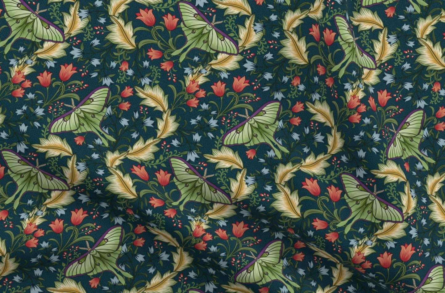 Art Nouveau Moth Blue Tulips Printed Minky Fabric Fat Quarter - Soft Plush Fabric for Sewing Baby Blankets, Quilt Backing & DIY Plush Toys - Perfect for Nursery Decor & Handmade Gifts