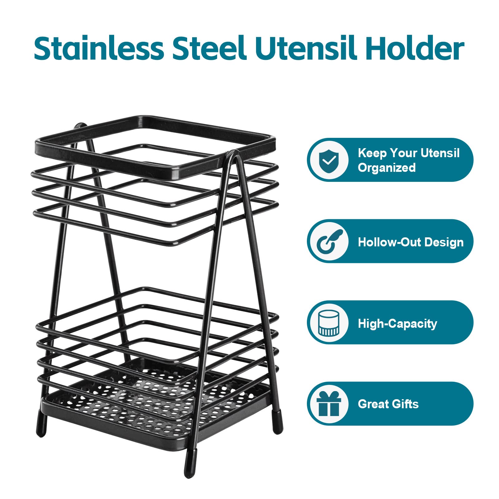 Stainless Steel Kitchen Utensil Holder - Countertop Organizer for Spoons, Forks & Cooking Tools - Black (1-Pack) - Perfect for Kitchen Counter Storage & Organization