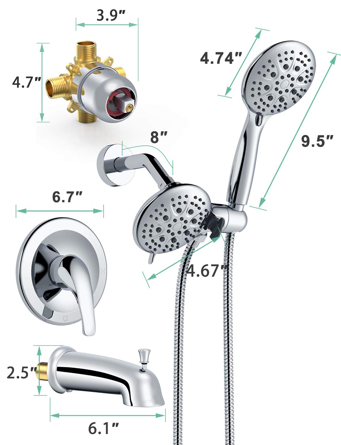 SR SUN RISE 35-Function High Pressure Shower System with Rain Shower Head & Tub Spout - 2-in-1 Dual Shower Combo Faucet Set with 3-Way Diverter Valve - Polished Chrome Finish for Bathroom & Spa Relaxation