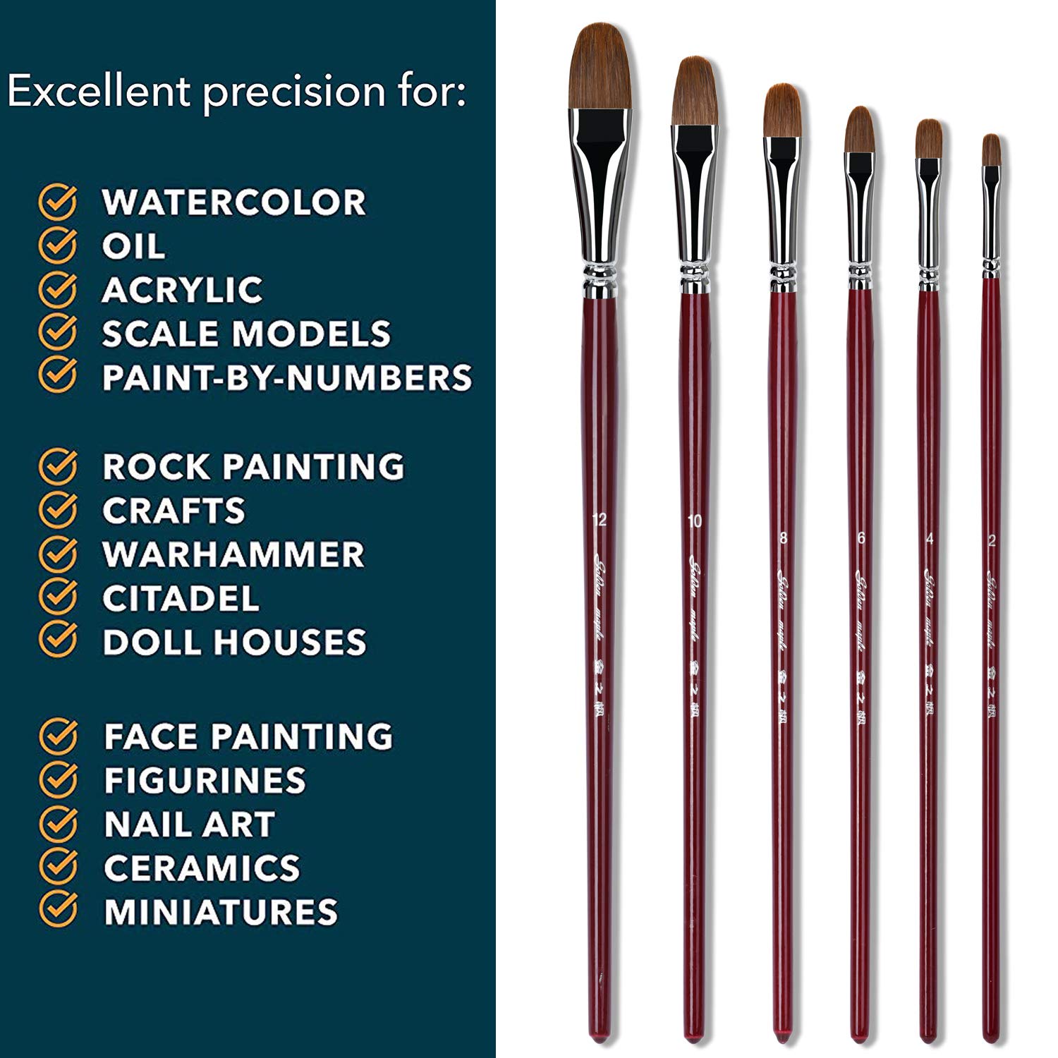 Golden Maple Filbert Paint Brushes Set - 6PC Professional Red Sable Oval Artist Brushes with Long Handle for Watercolor, Acrylic, Tempera & Gouache Painting - Perfect for Canvas, Paper & Wood Art Projects