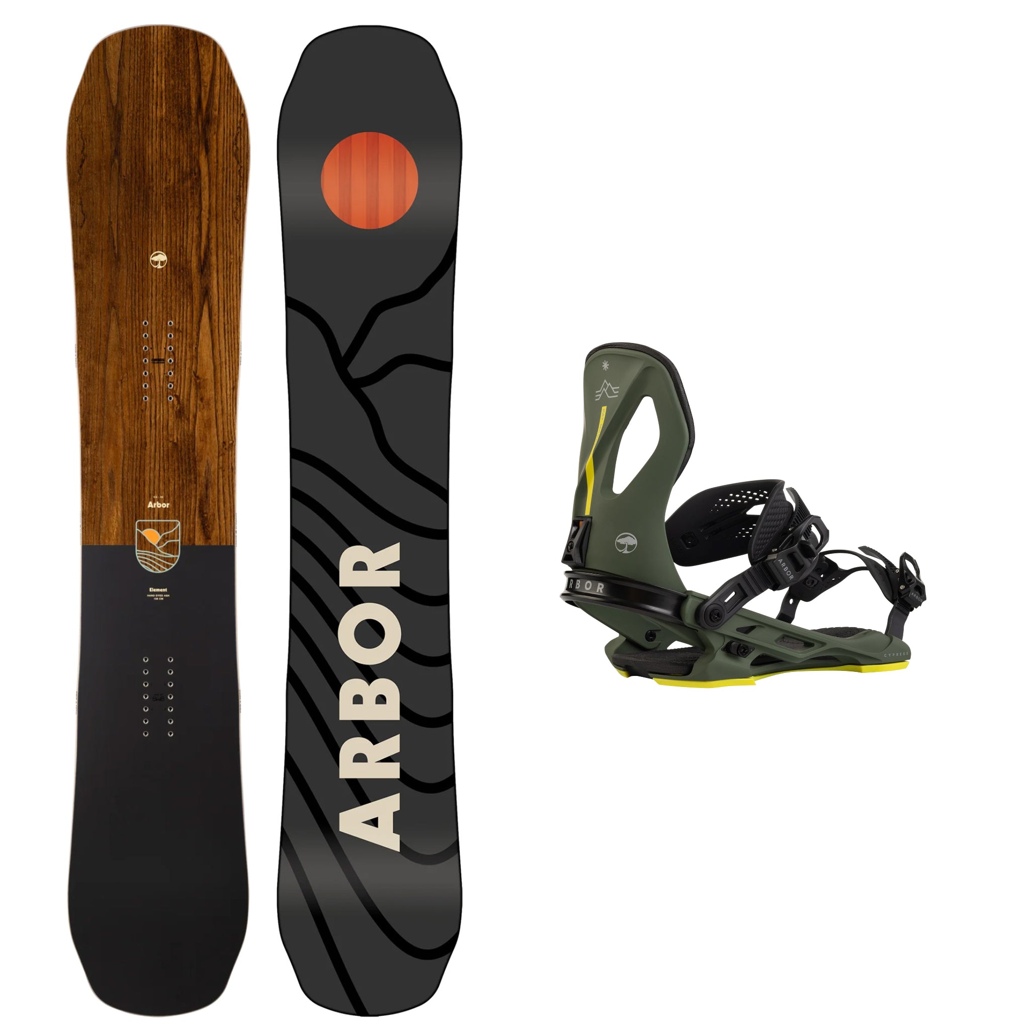 **Arbor Element Rocker Snowboard 2025 with Cypress Pat Moore Bindings - All-Mountain Freestyle Snowboard for Powder & Park Riding**