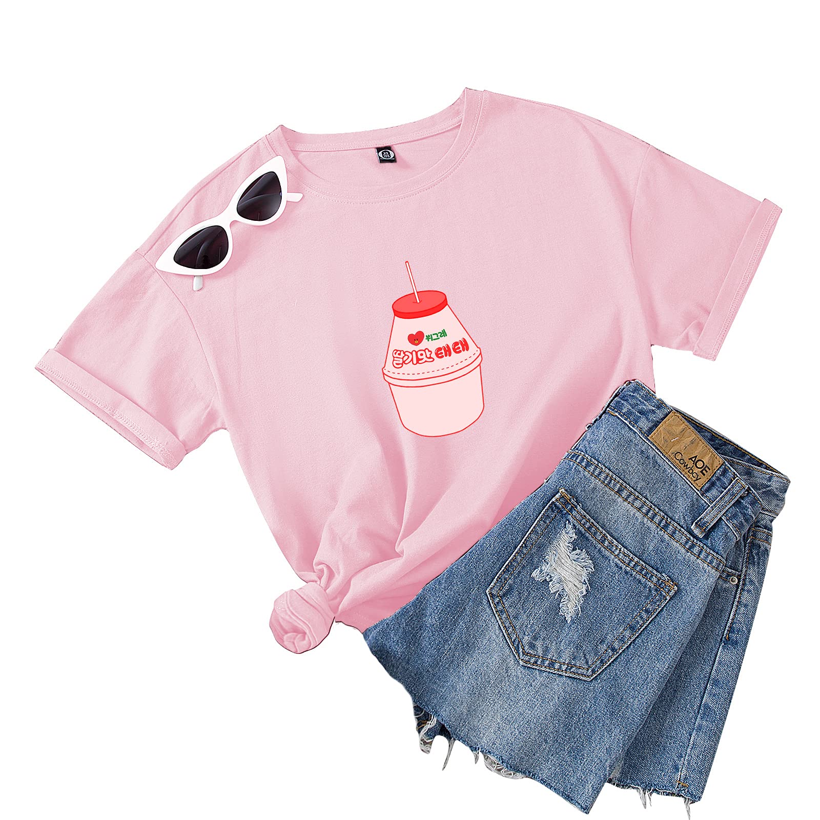 KEEVICl Girls 90s Japanese Strawberry Milk Drink Pink Kawaii T-Shirt | Aesthetic Pastel Goth Soft Grunge Cotton Top | Cute Casual Outfit for School, Streetwear & Anime Cosplay