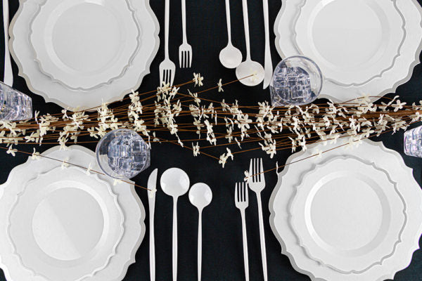 32-Piece Round Plastic Dinnerware Set - White & Silver Combo (Serves 16) - Elegant Disposable Plates, Bowls, Forks, Knives & Spoons for Parties, Weddings, Picnics & Outdoor Events